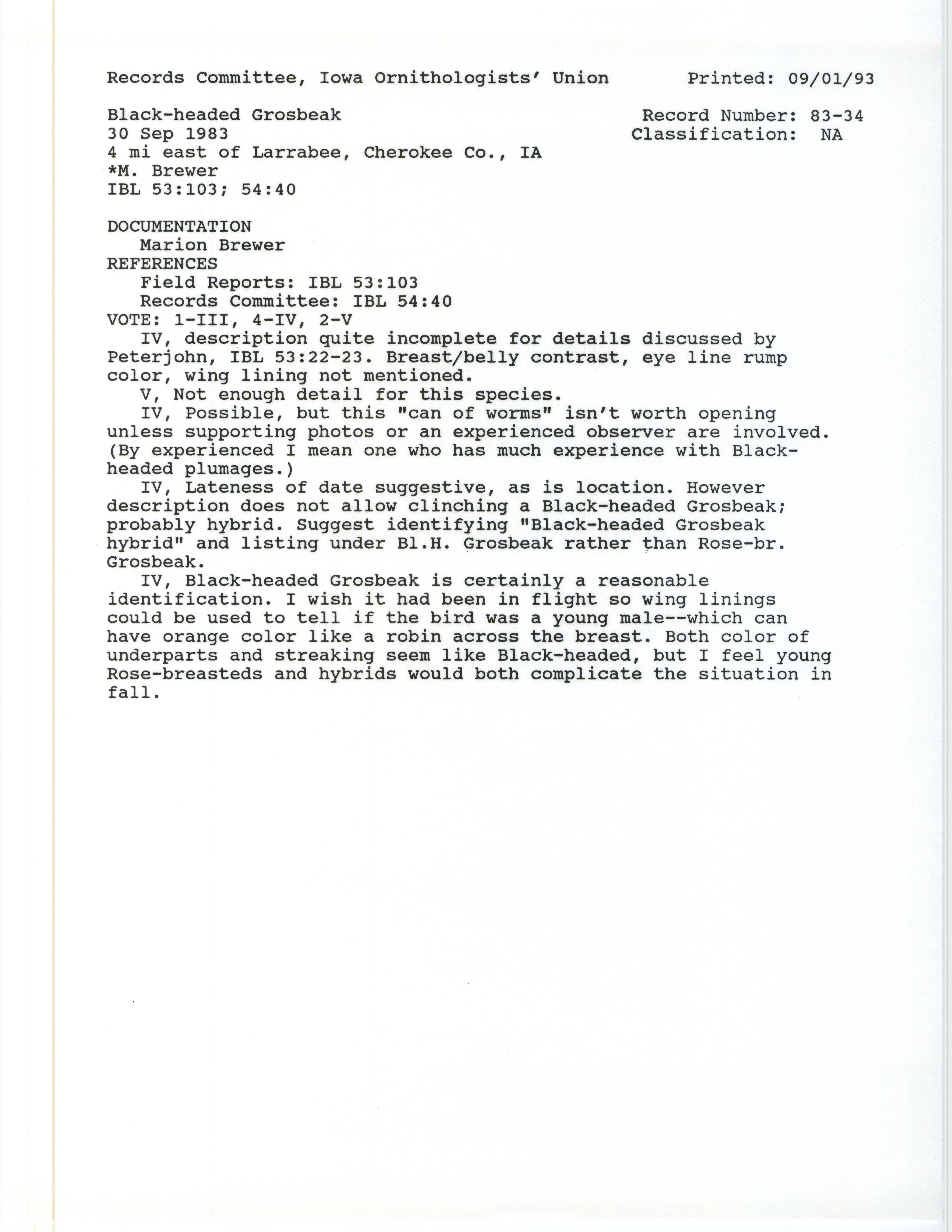 Records Committee review for rare bird sighting for Black-headed Grosbeak at Larrabee, 1983