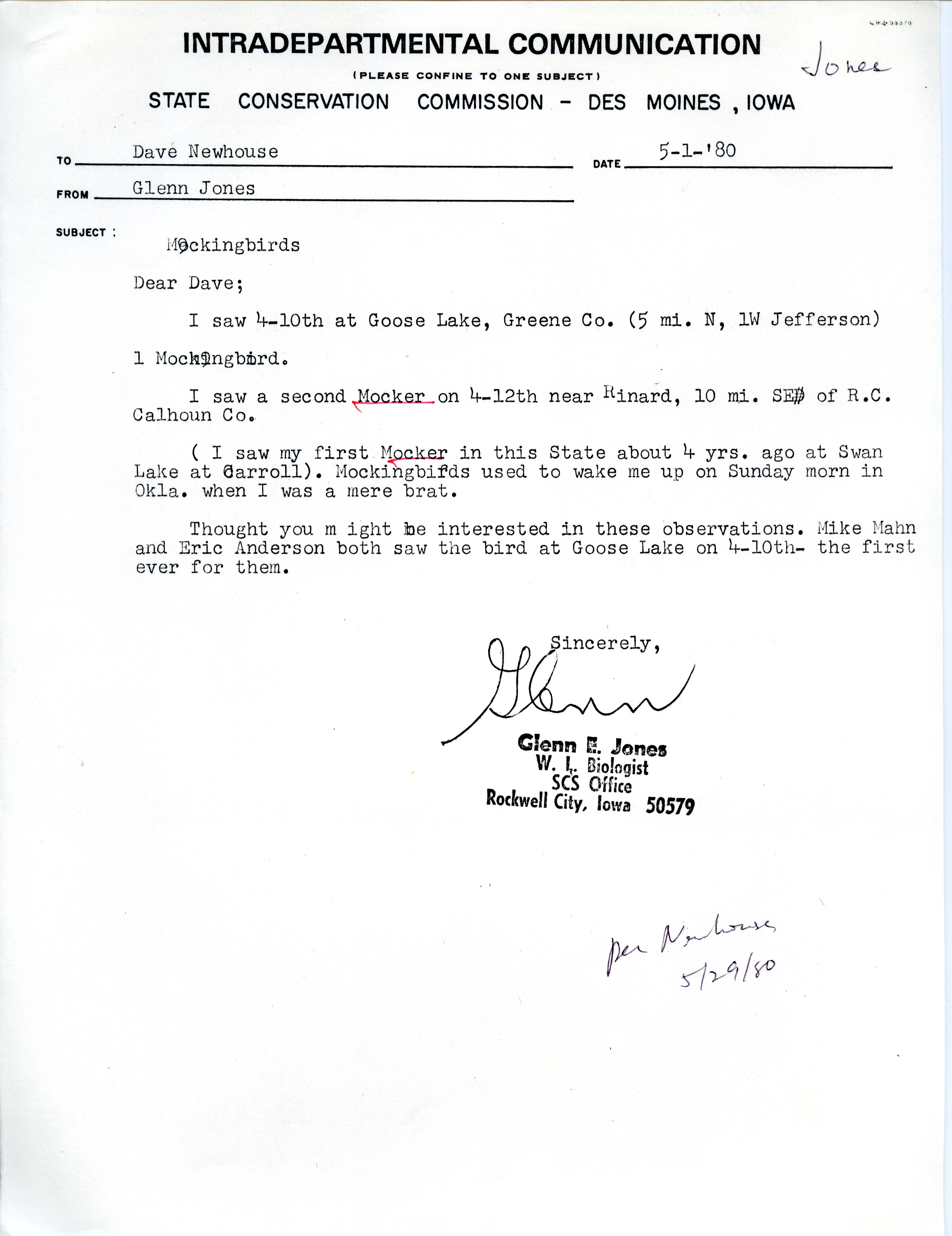 Glenn E. Jones letter to David A. Newhouse regarding bird sightings, May 1, 1980