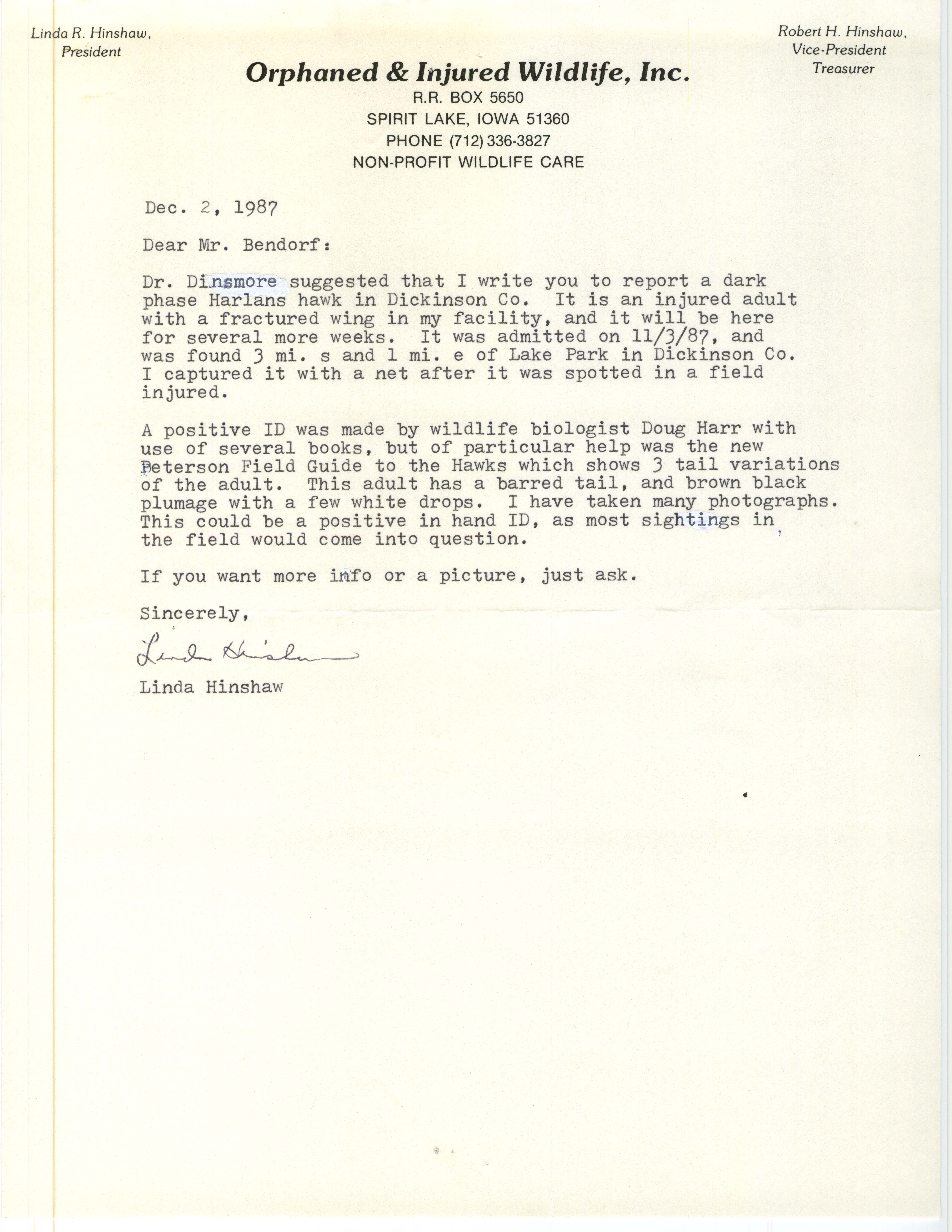 Linda Hinshaw letter to Carl J. Bendorf regarding an injured Red-tailed Hawk (Harlan's Hawk), December 2, 1987