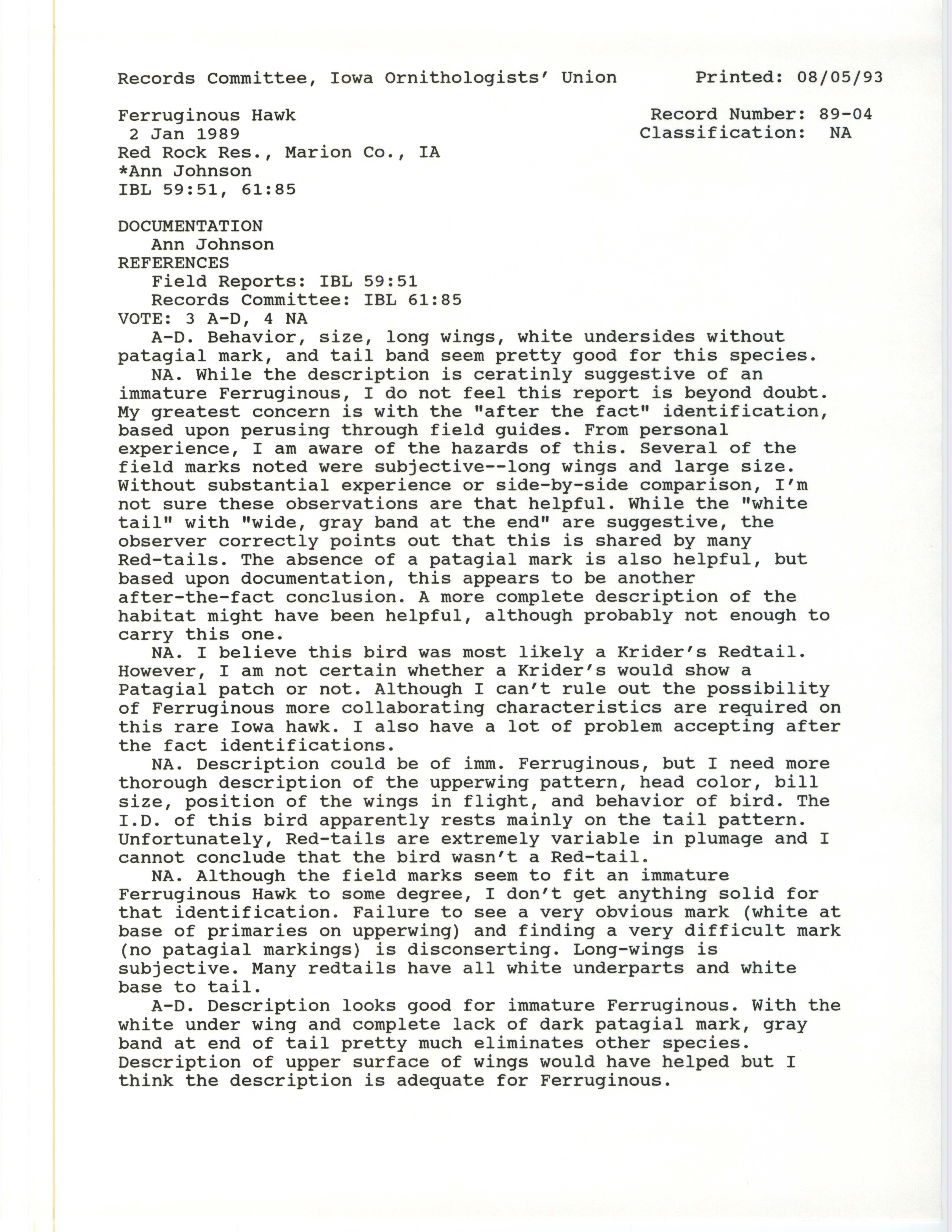 Records Committee review for rare bird sighting of Ferruginous Hawk at Red Rock Reservoir, 1989