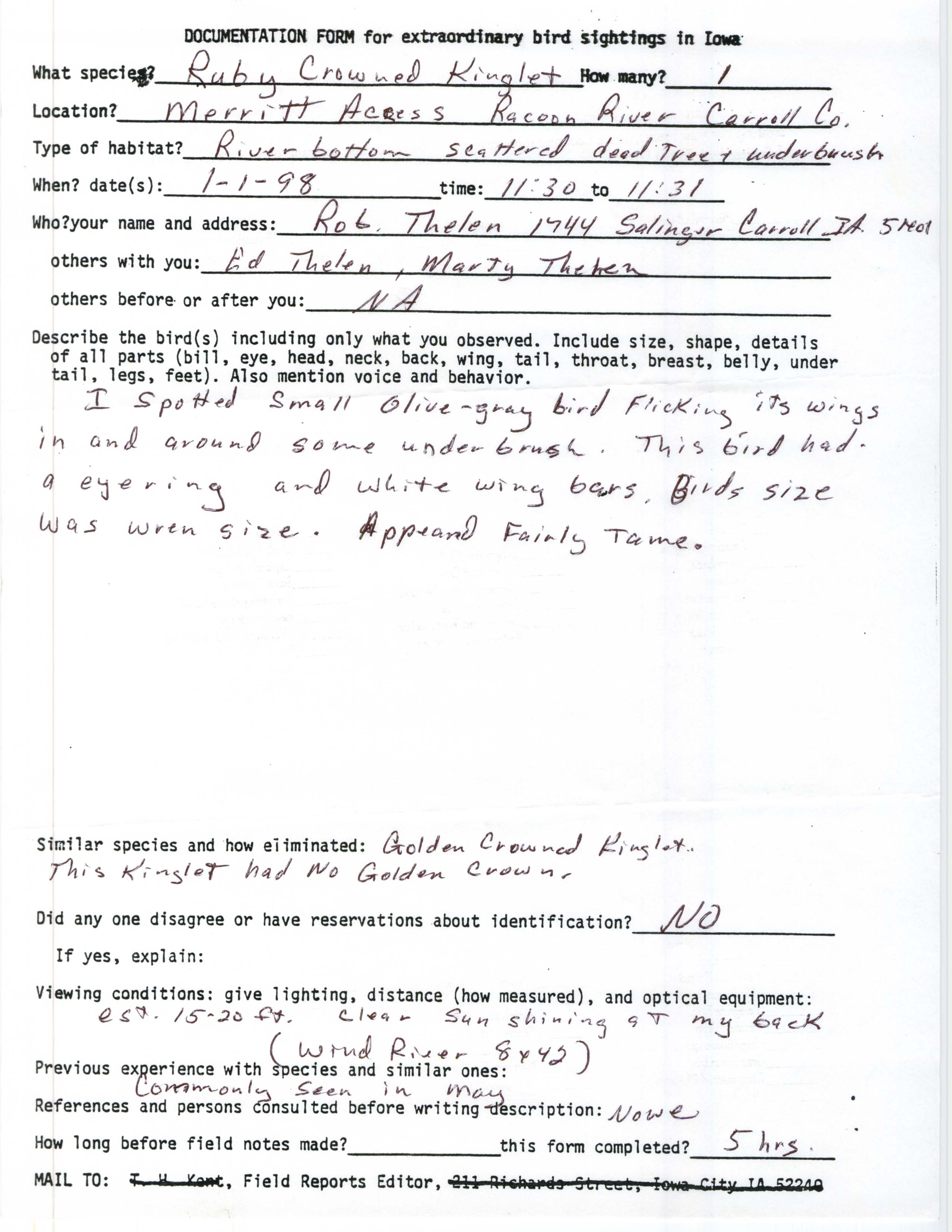 Rare bird documentation form for Ruby-crowned Kinglet at Merritt County Park, 1998