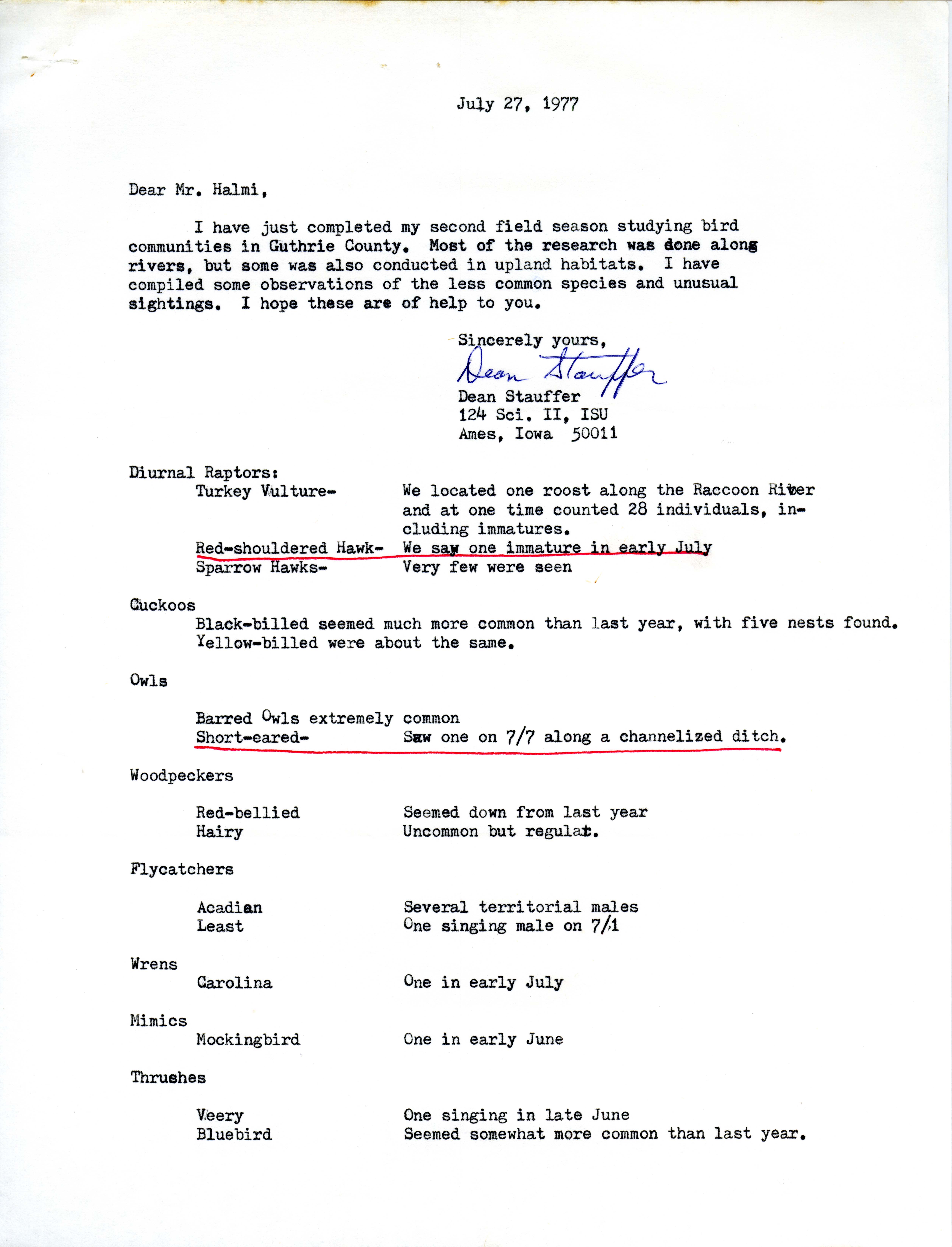 Dean F. Stauffer letter to Nicholas S. Halmi regarding bird sightings, July 27, 1977