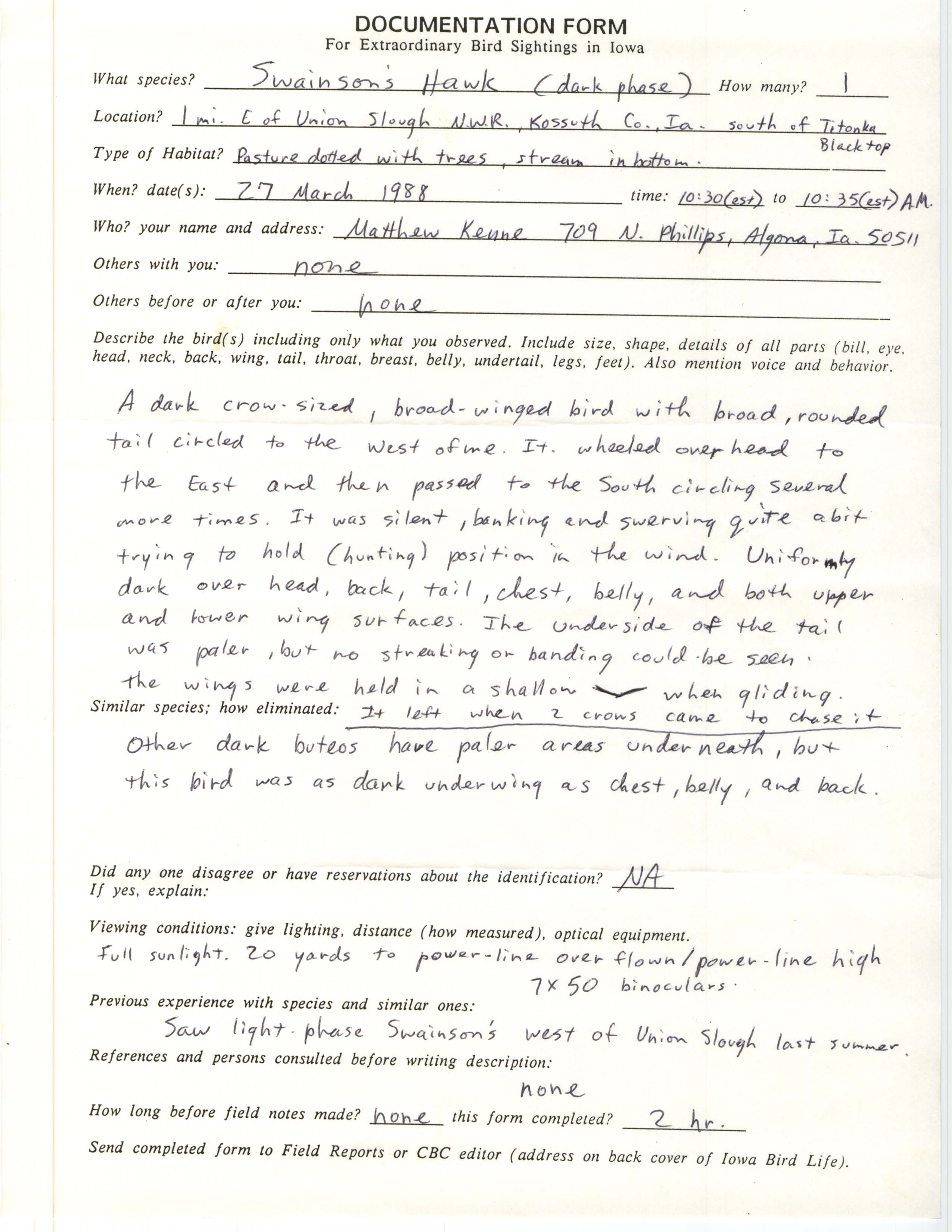 Rare bird documentation form for Swainson's Hawk at Union Slough National Wildlife Refuge, 1988