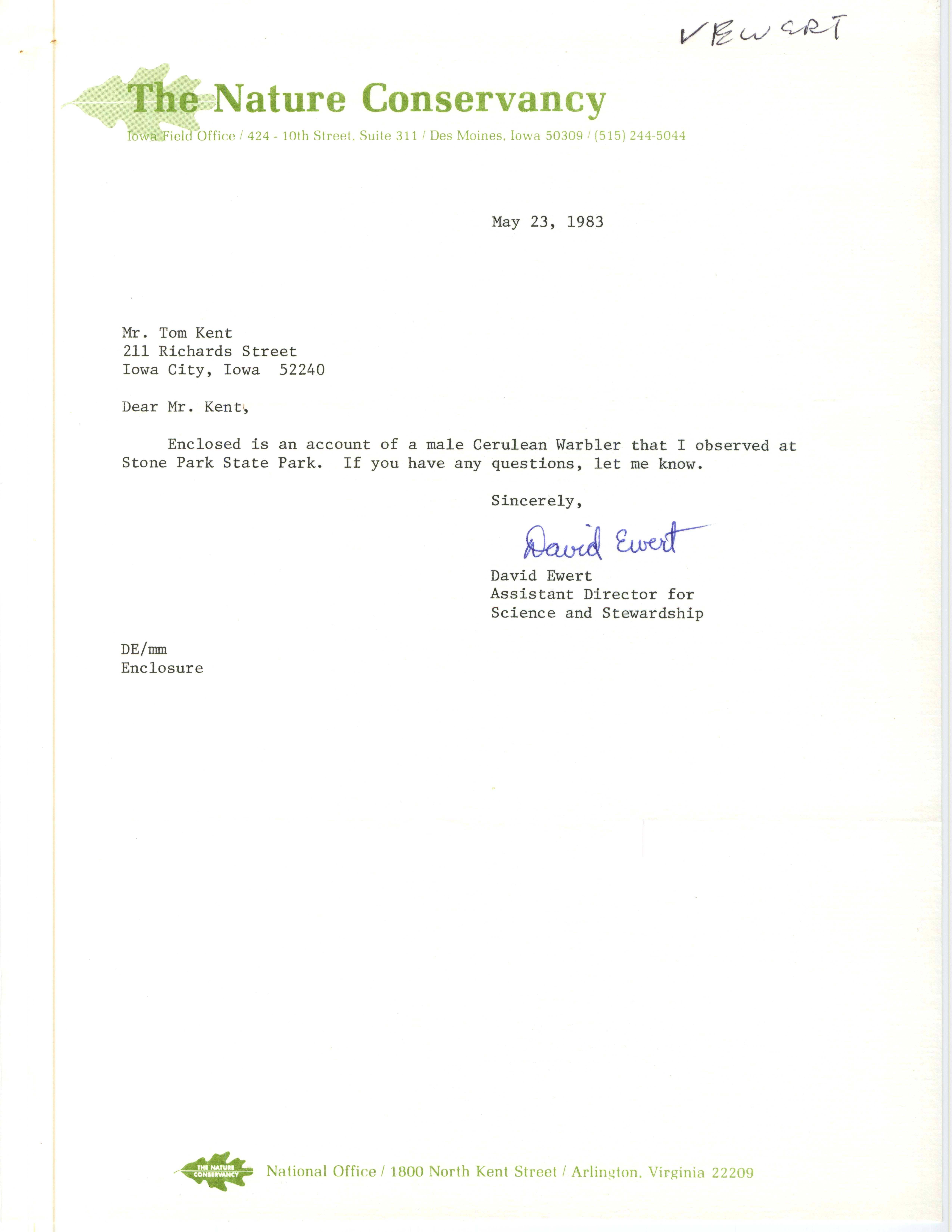 David Ewert letter to Thomas H. Kent regarding a Cerulean Warbler sighting, May 23, 1983