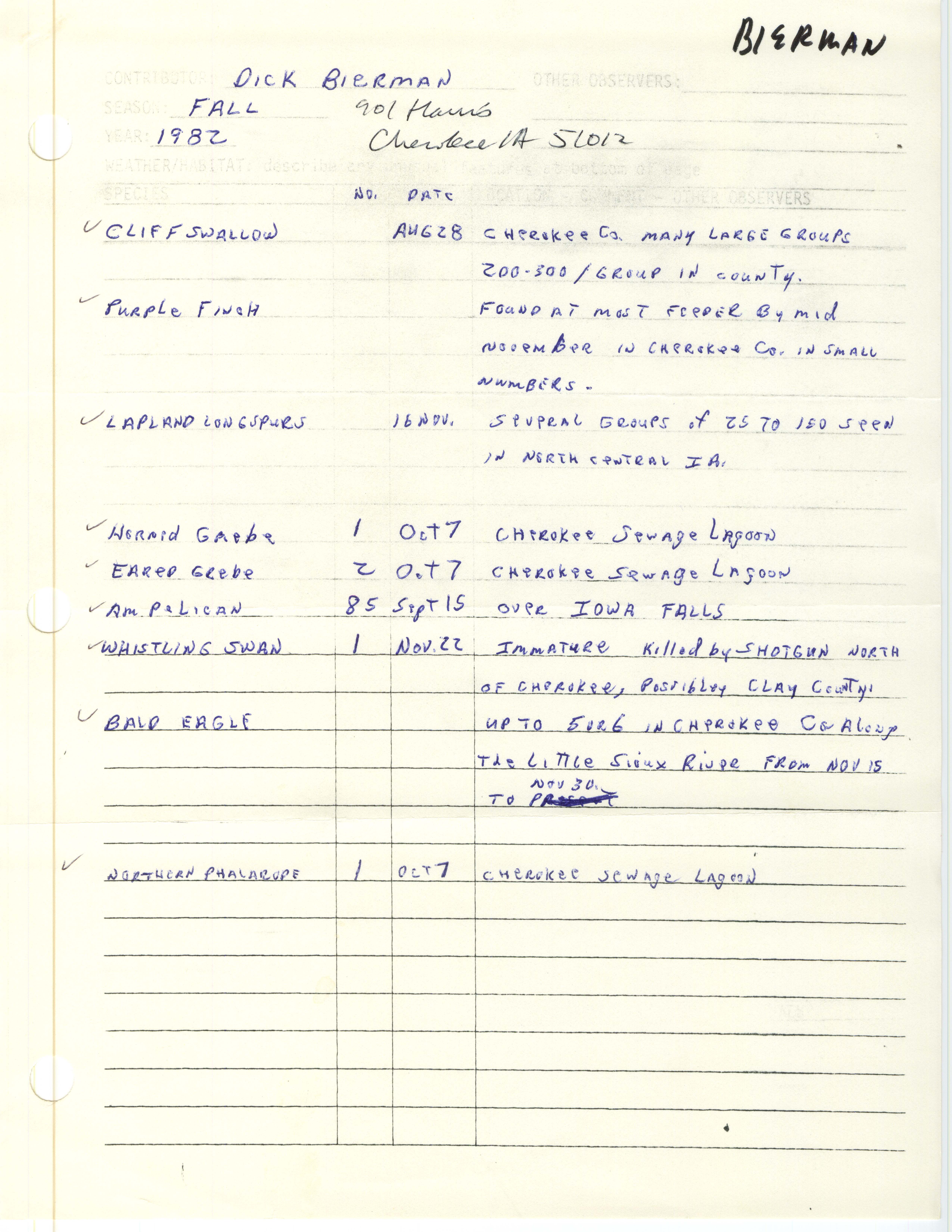 Field report contributed by Dick Bierman, fall 1982