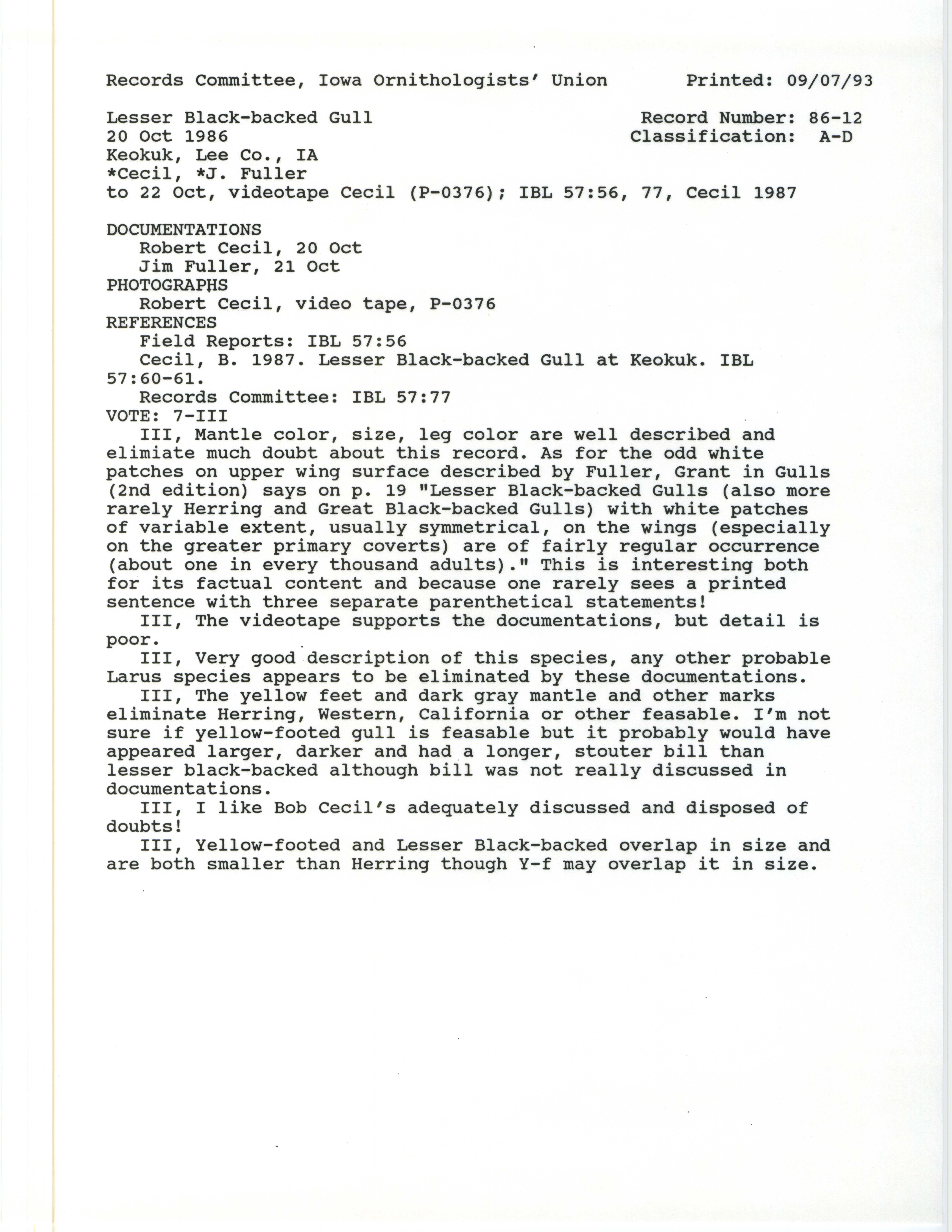 Records Committee review for rare bird sighting of Lesser Black-backed Gull at Lock and Dam 19 in Keokuk, 1986