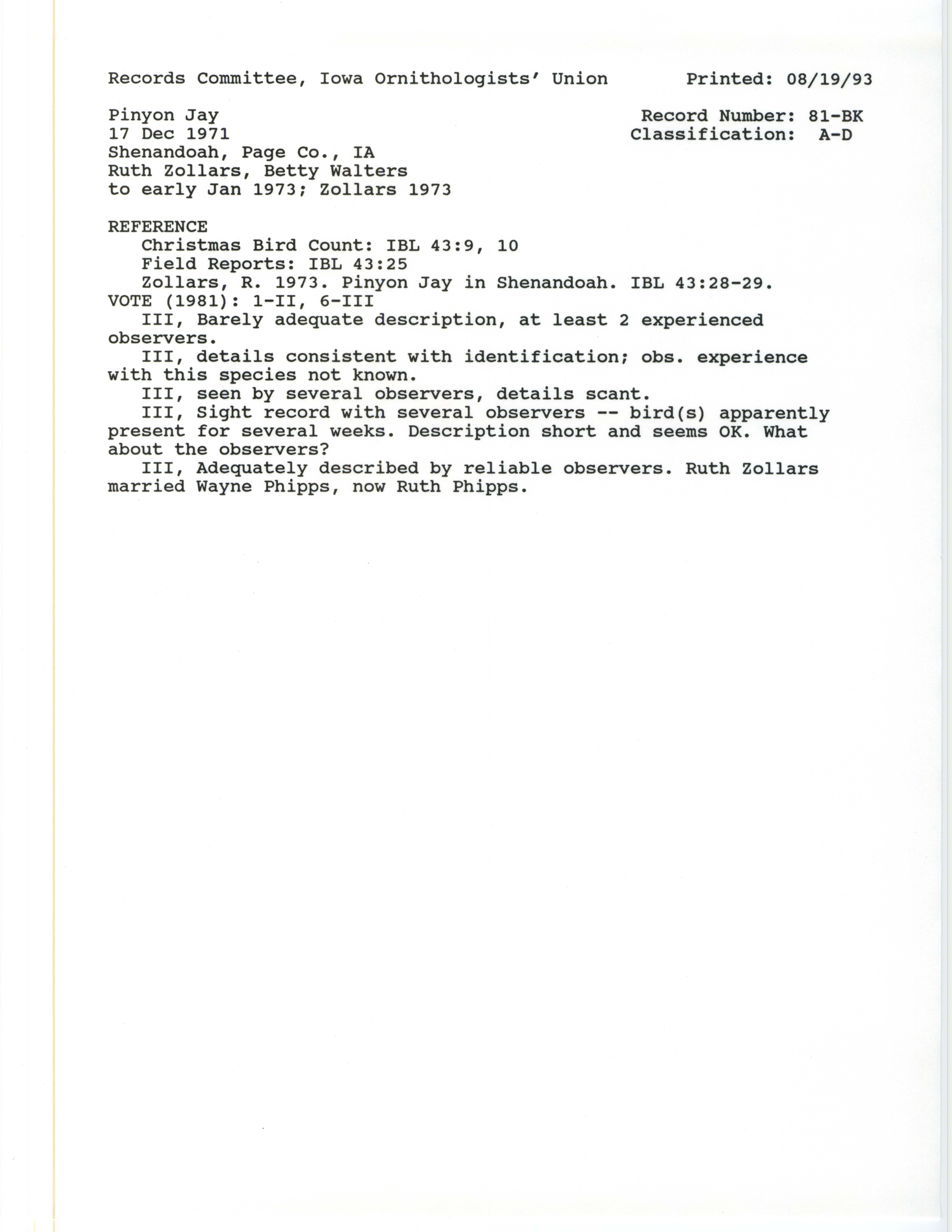 Records Committee review for rare bird sighting for Pinyon Jay at Shenandoah in 1972