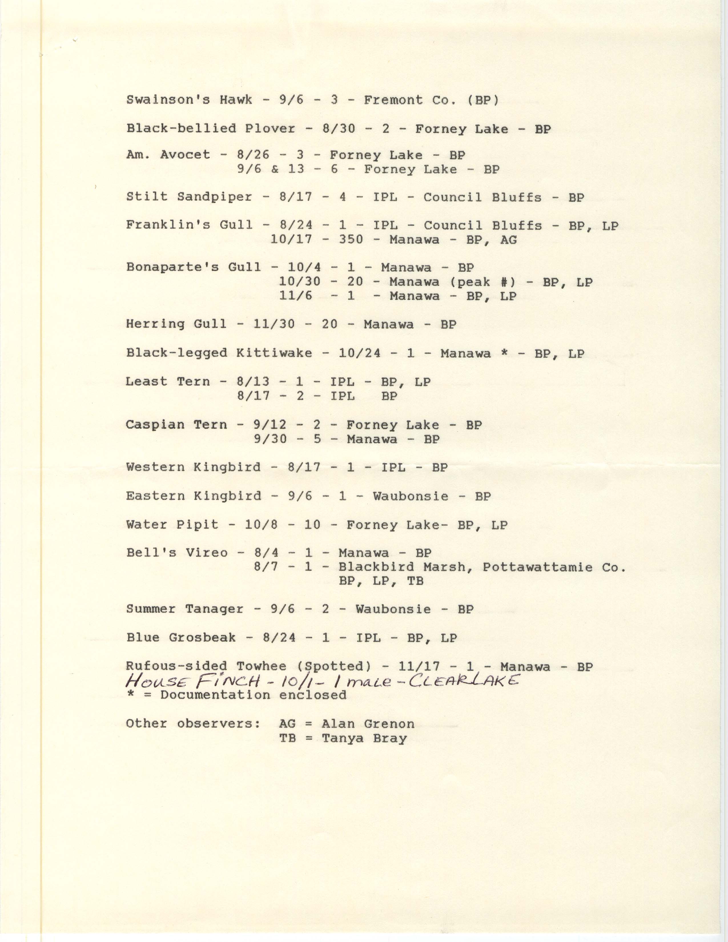 Field notes contributed by Babs Padelford and Loren Padelford, fall 1988