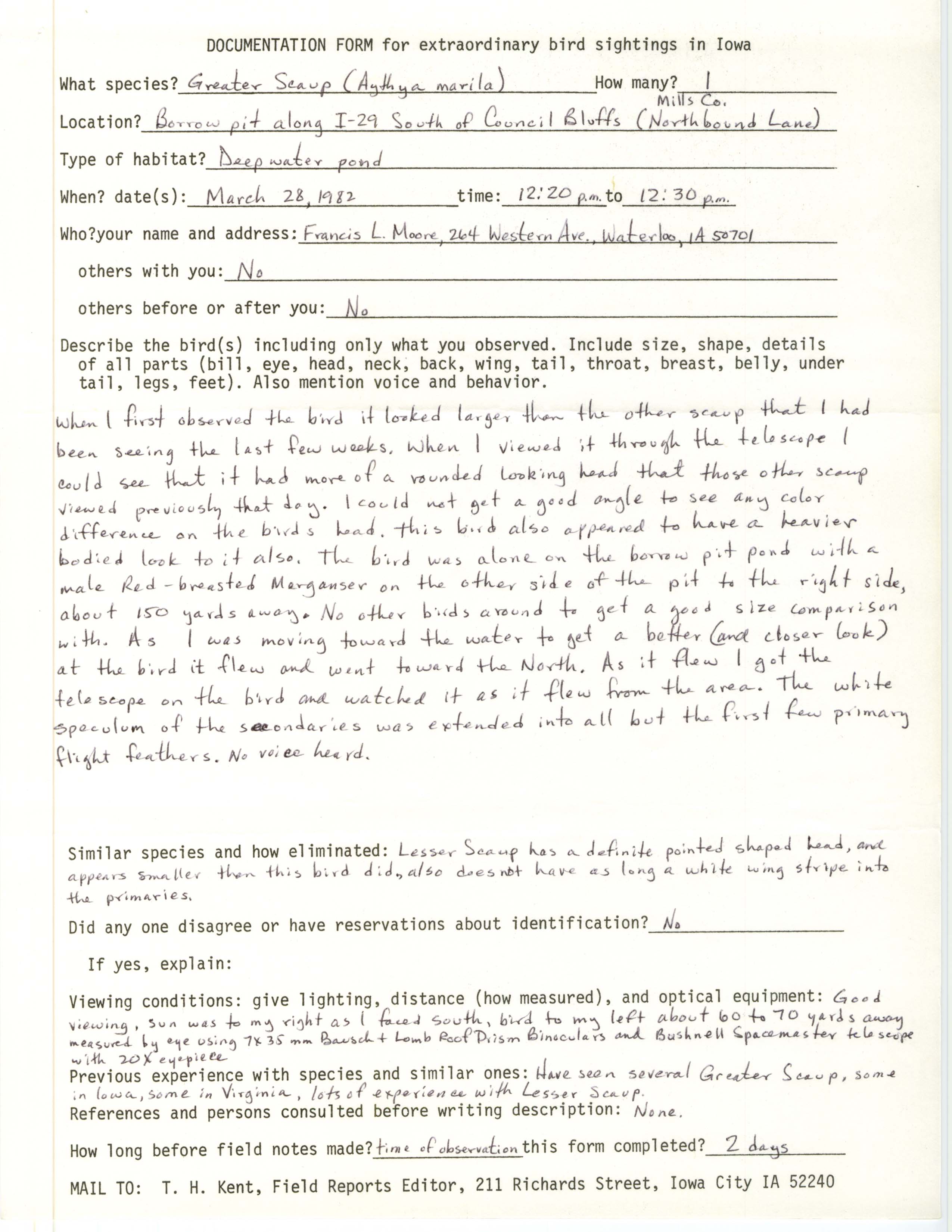 Rare bird documentation form for Greater Scaup south of Council Bluffs, 1982