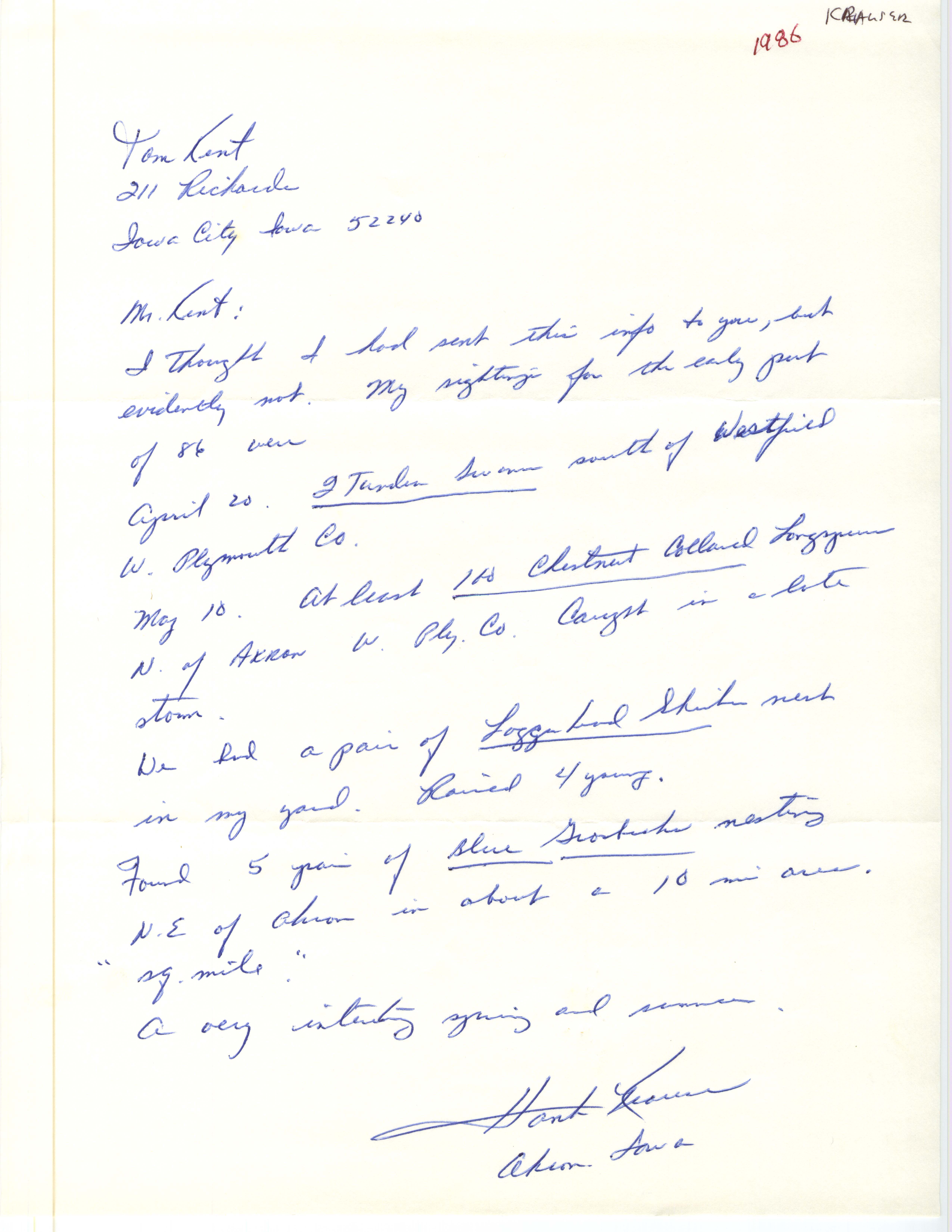 Hank Krause letter to Thomas H. Kent regarding bird sightings, spring 1986