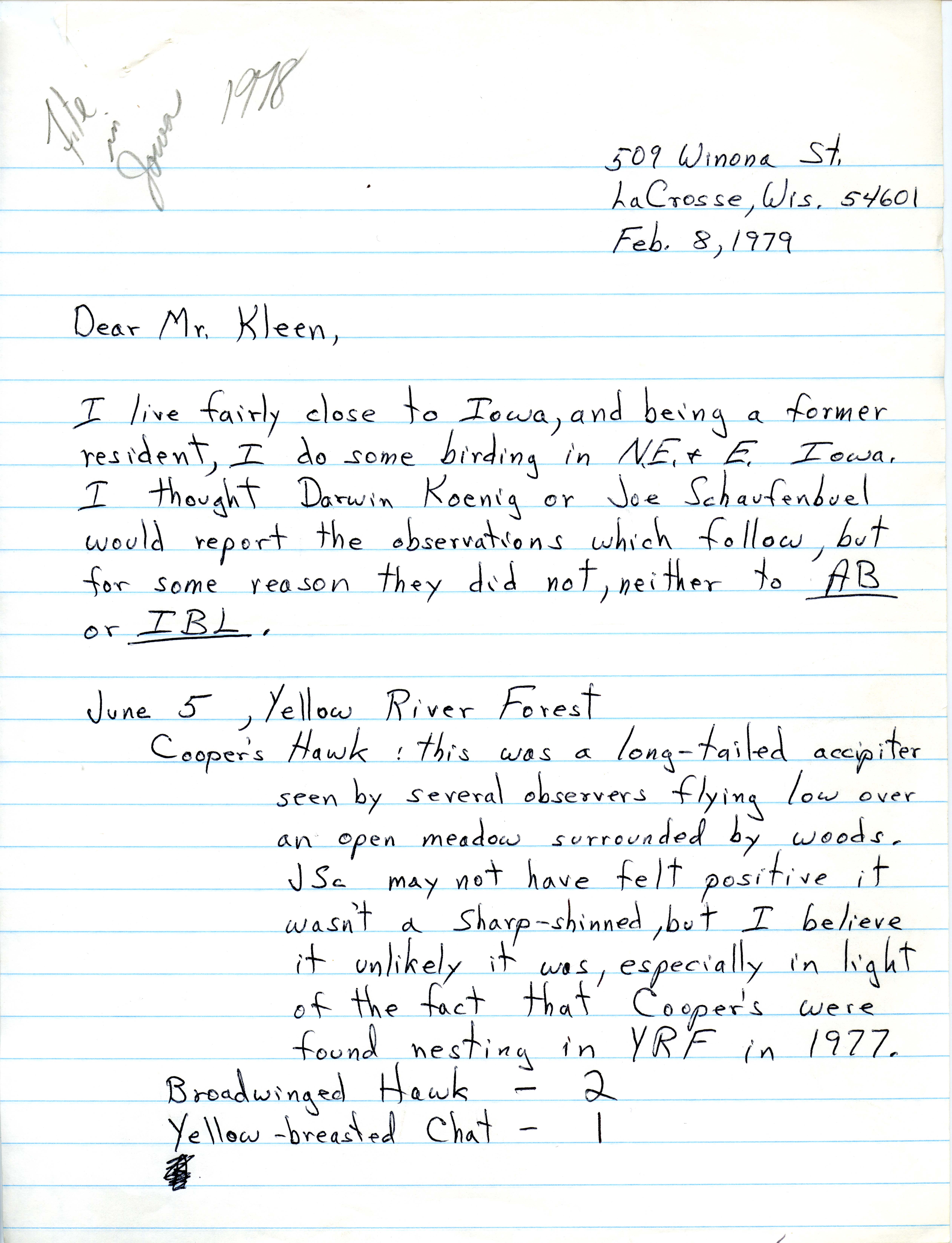 Fred Lesher letter to Vernon M. Kleen regarding bird sightings, February 8, 1979