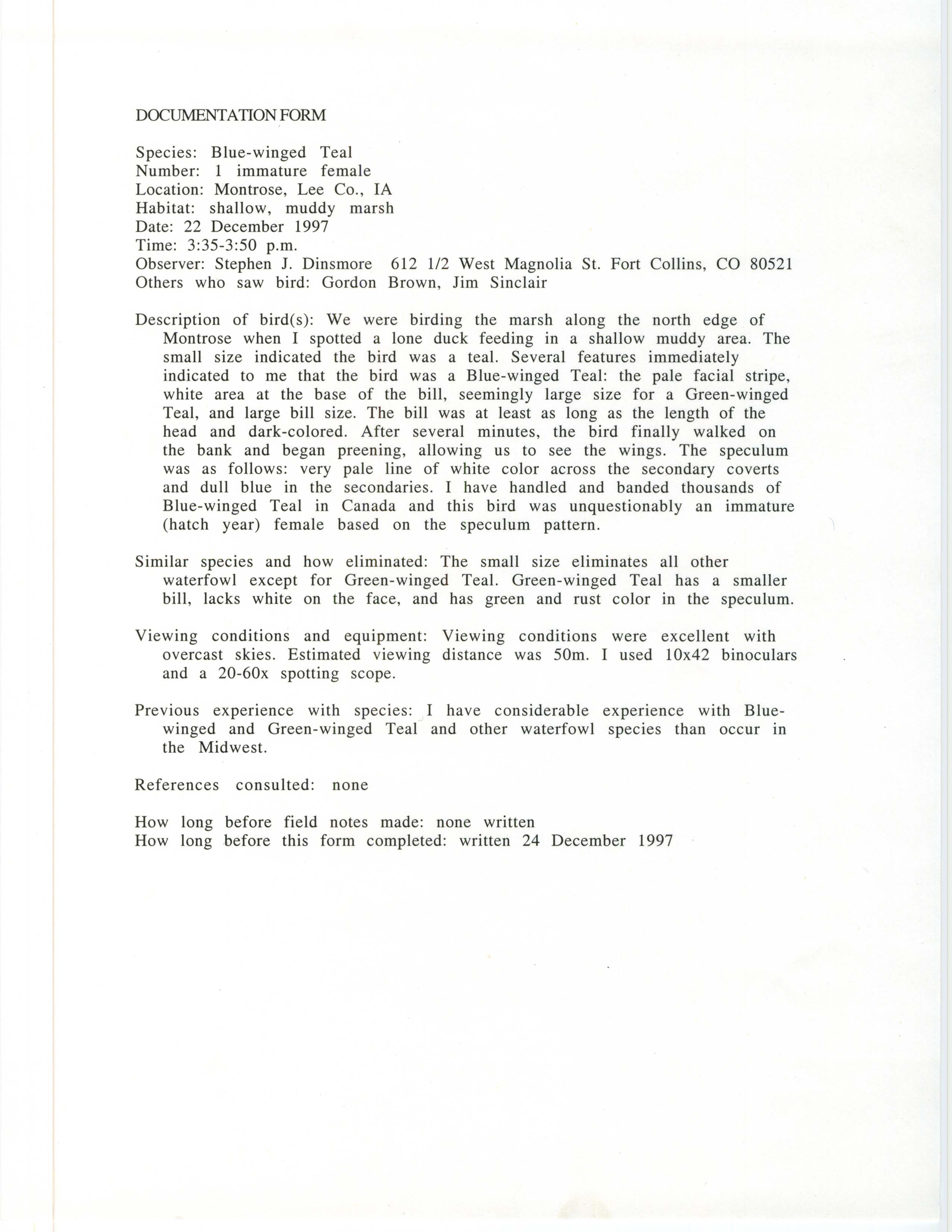 Rare bird documentation form for Blue-winged Teal at Montrose, 1997