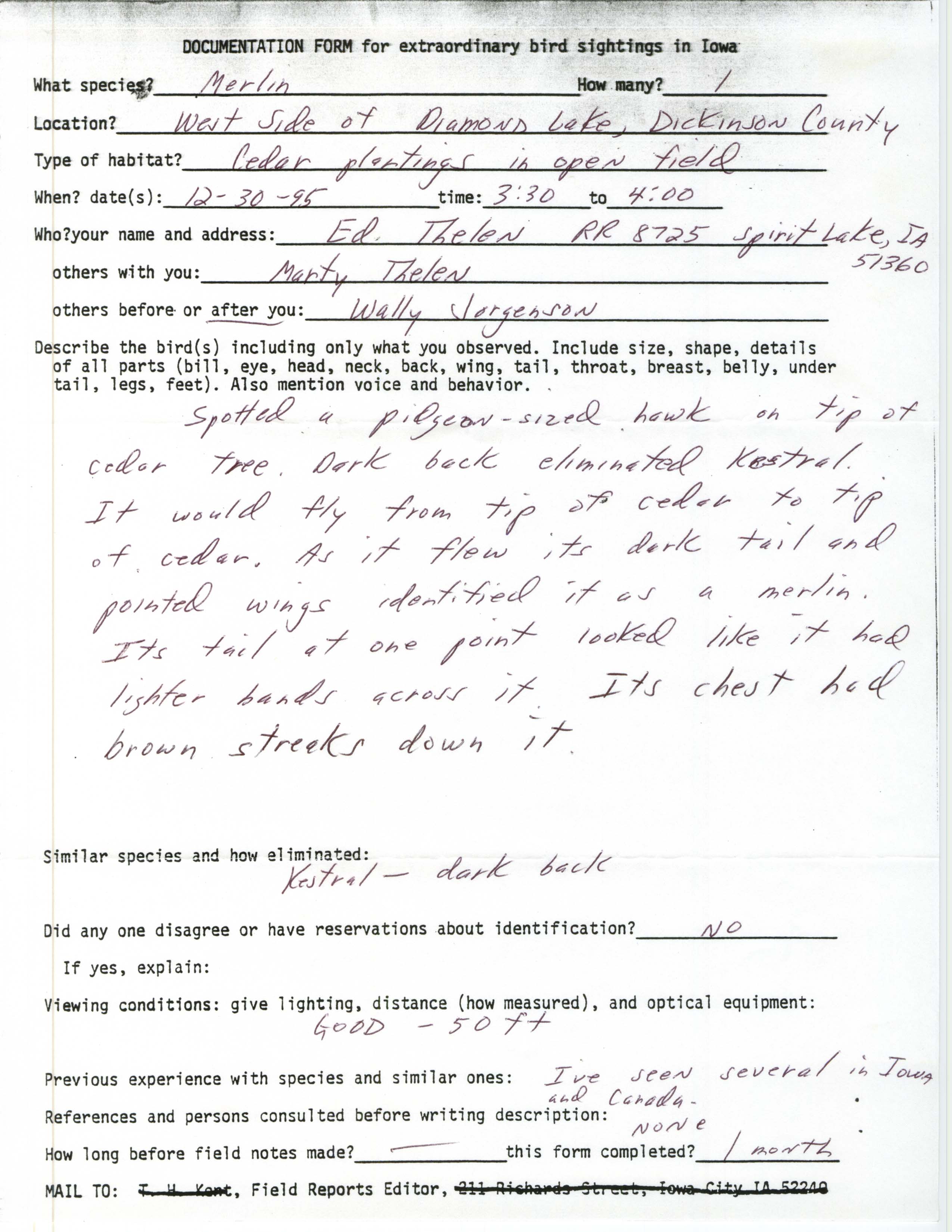 Rare bird documentation form for Merlin at Diamond Lake, 1995