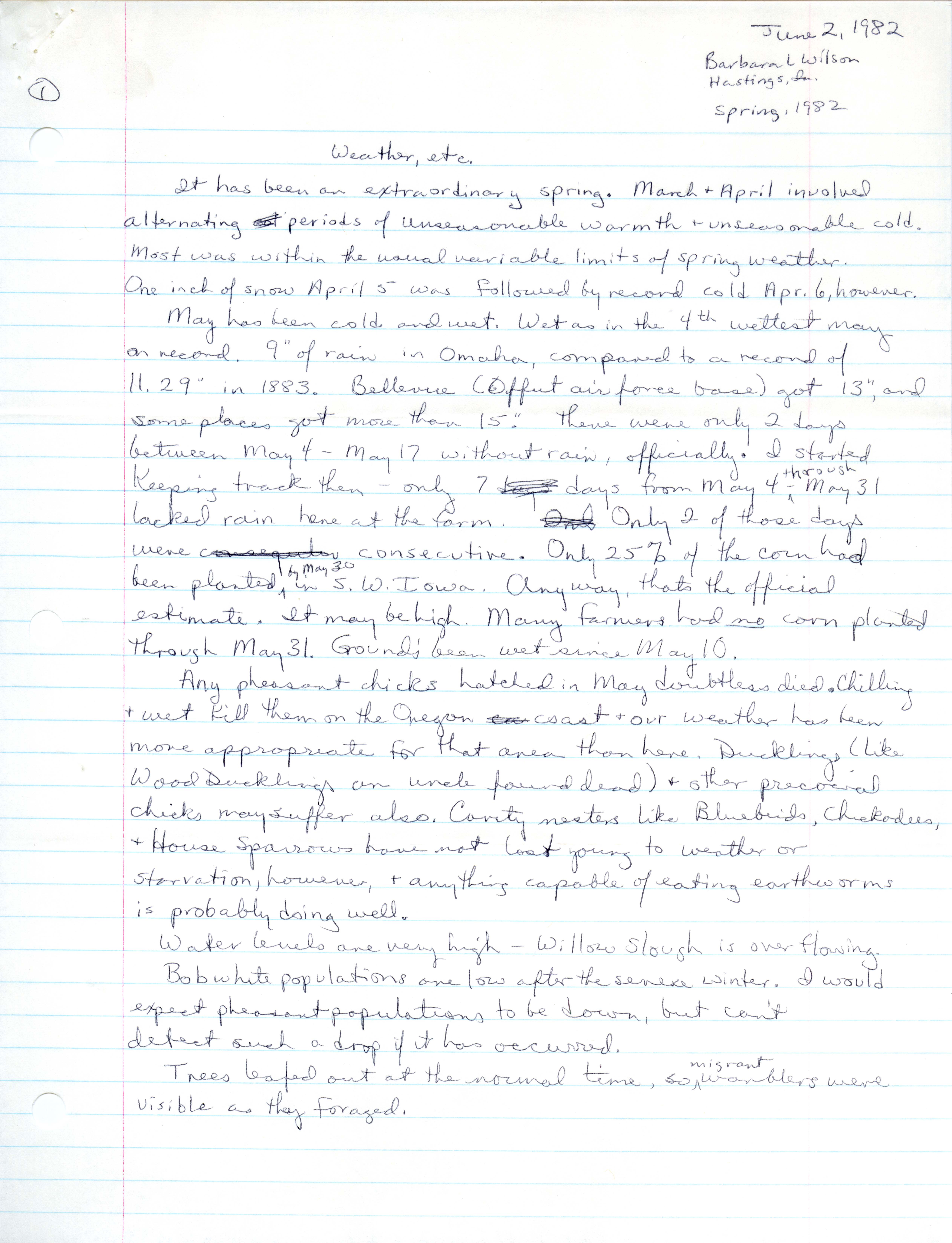 Field notes and a letter to Thomas H. Kent contributed by Barbara L. Wilson, spring 1982