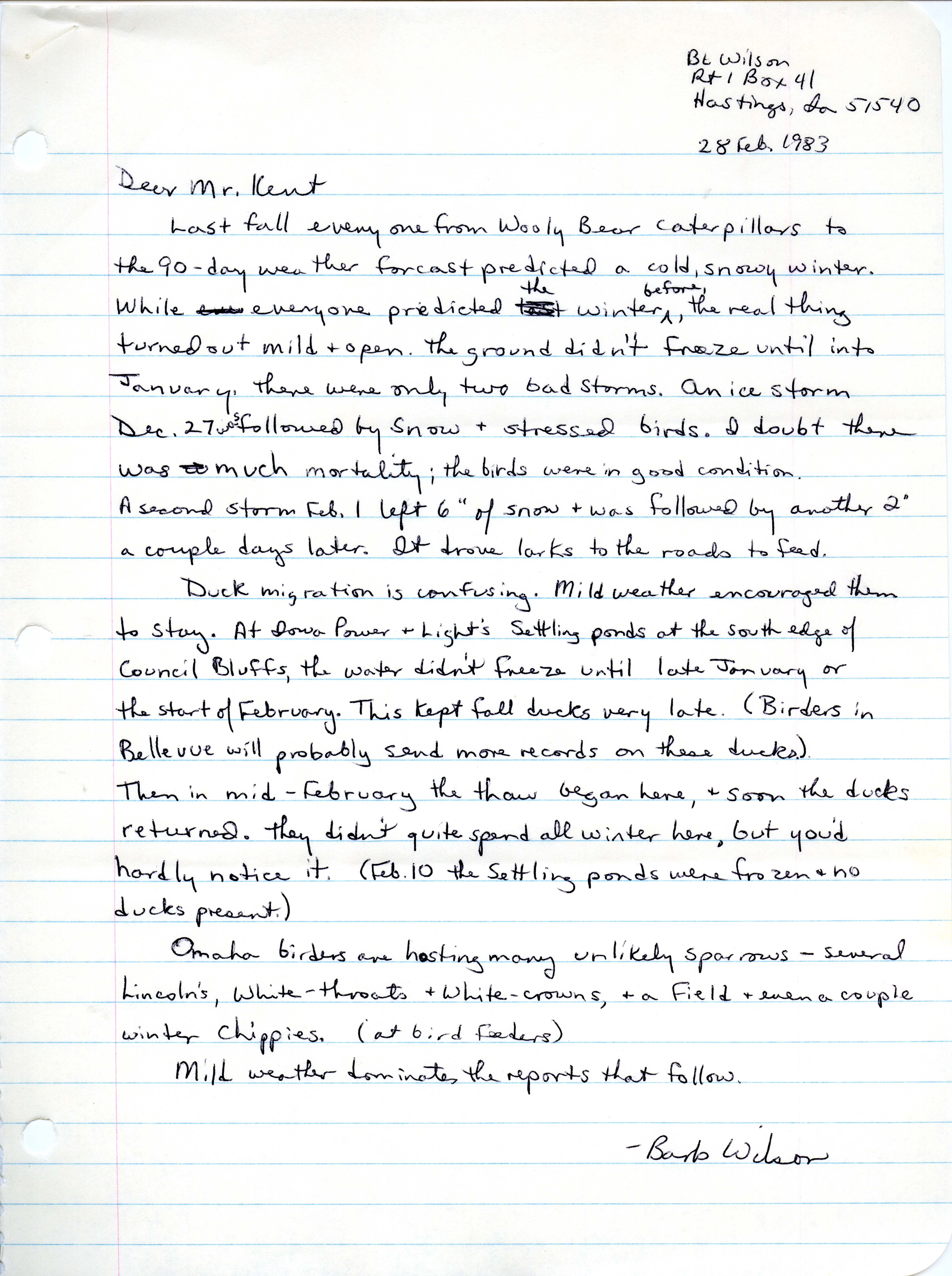 Barbara L. Wilson letter to Thomas H. Kent regarding winter bird sightings and the Hairy Woodpecker population, February 28, 1983
