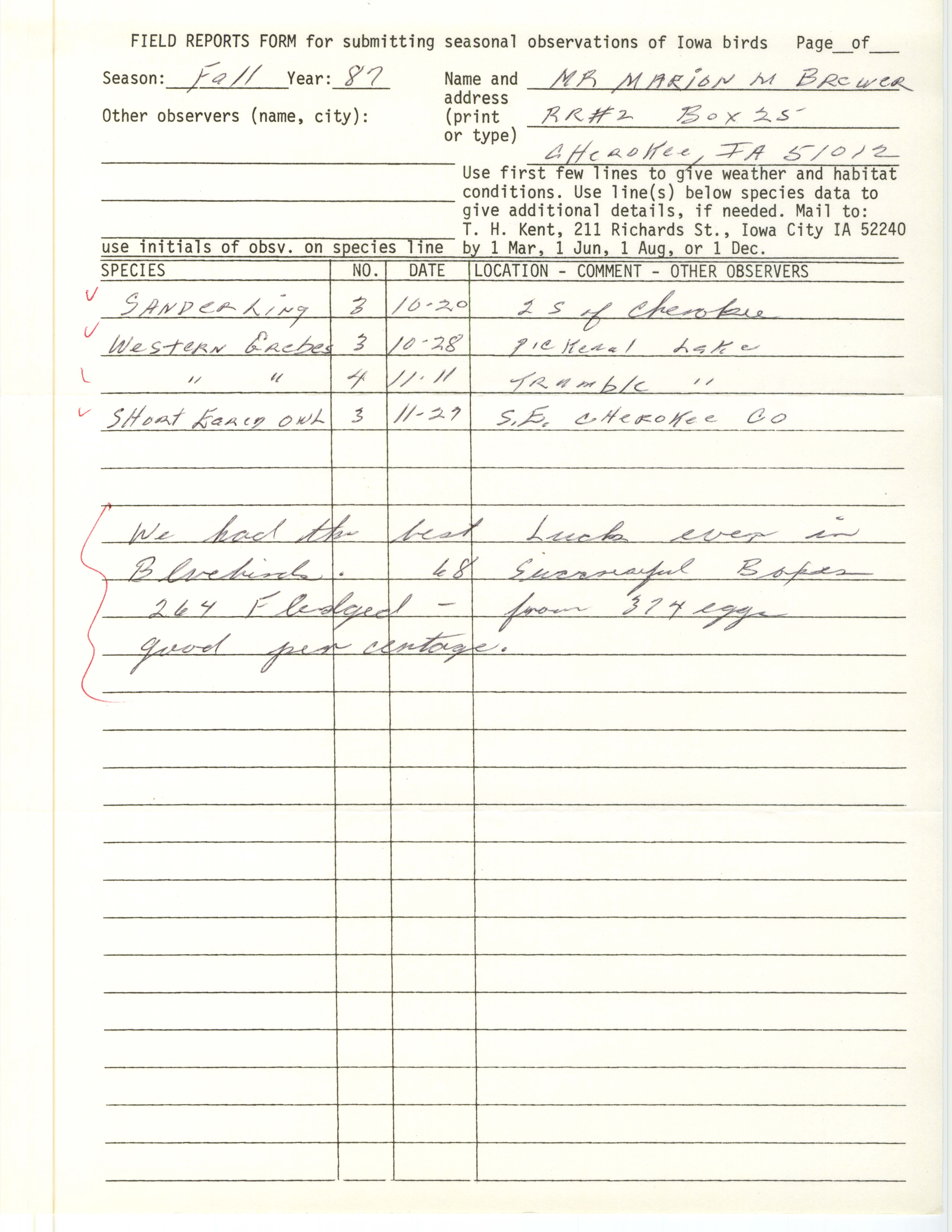 Field reports form for submitting seasonal observations of Iowa birds, Marion M. Brewer, fall 1987