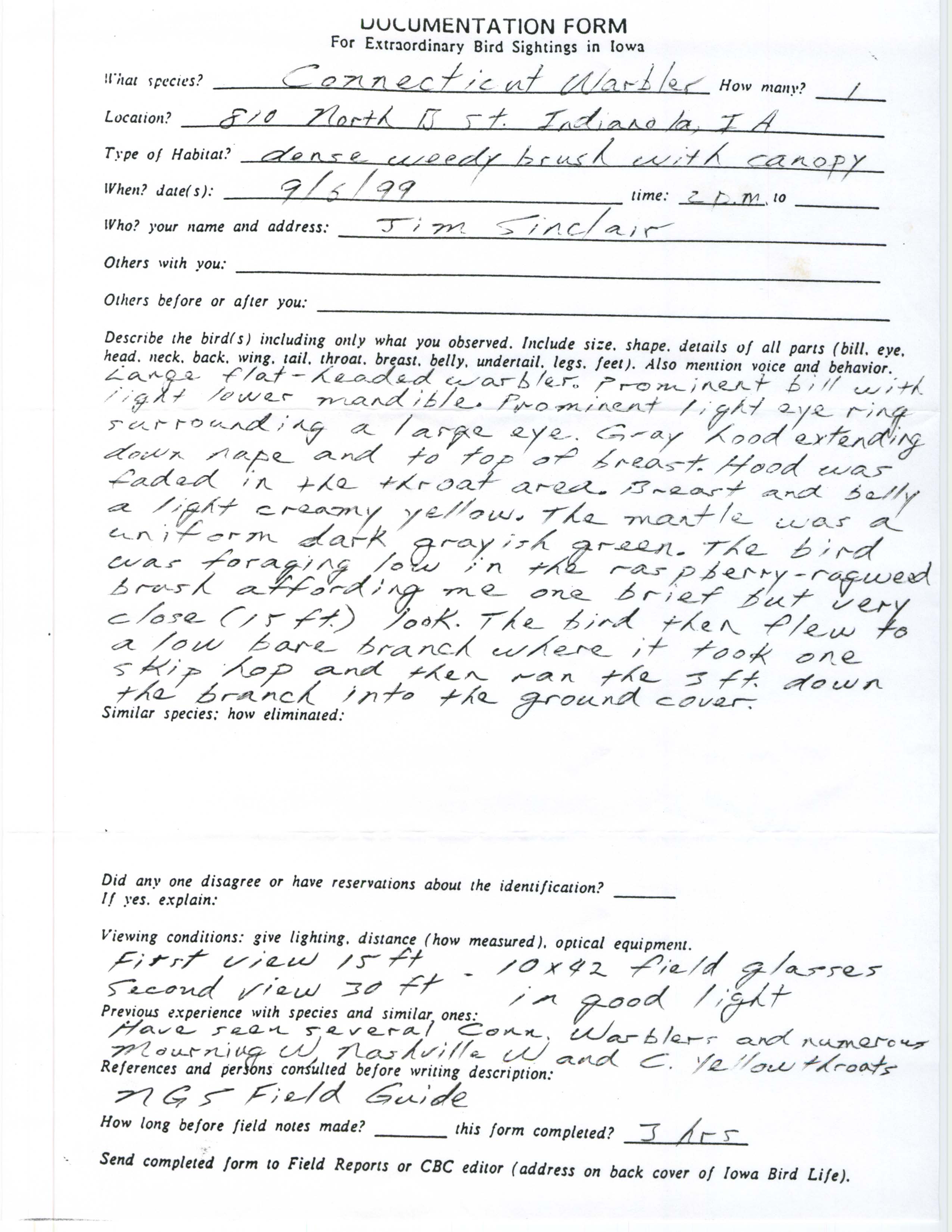Rare bird documentation form for Connecticut Warbler at Indianola, 1999