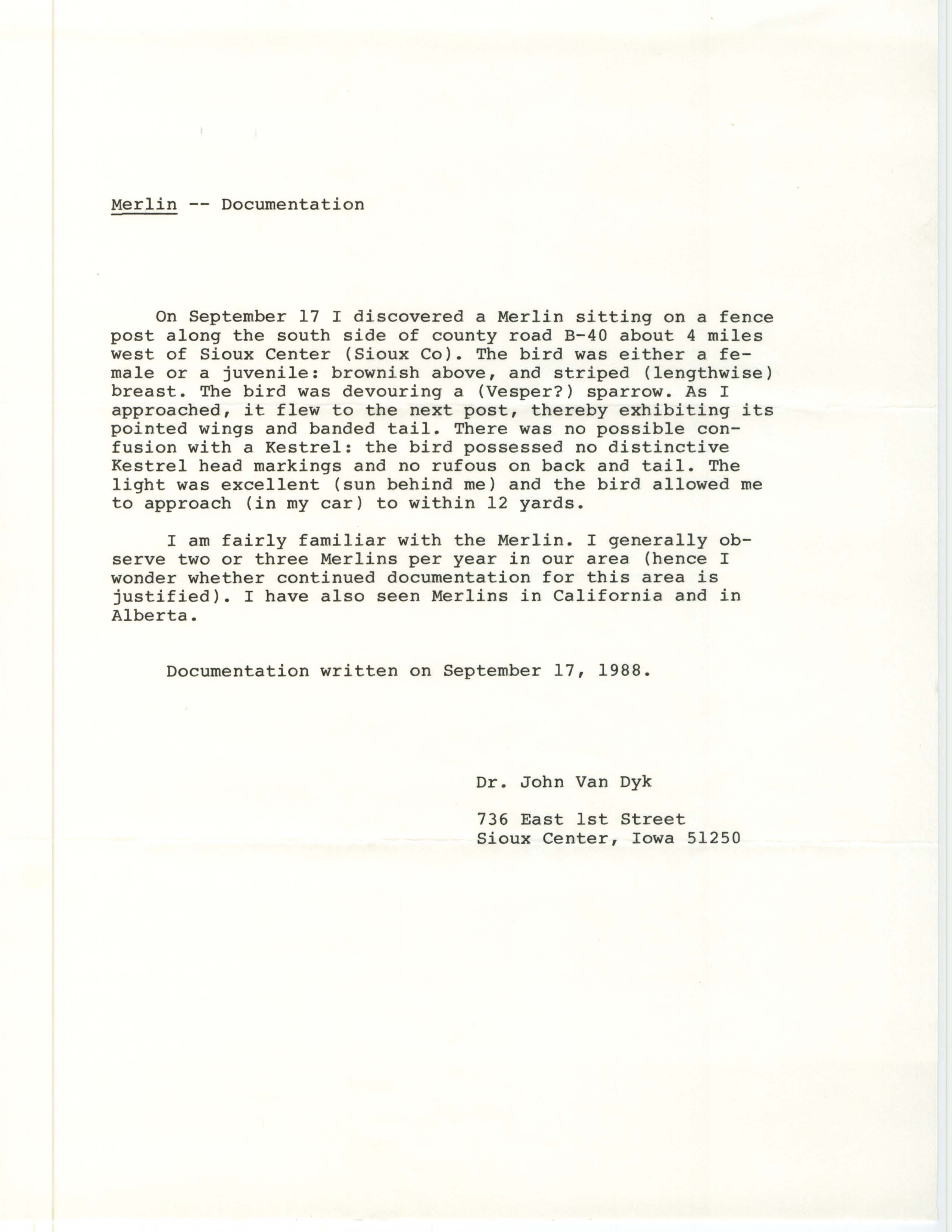 Rare bird documentation form for Merlin west of Sioux Center, 1988