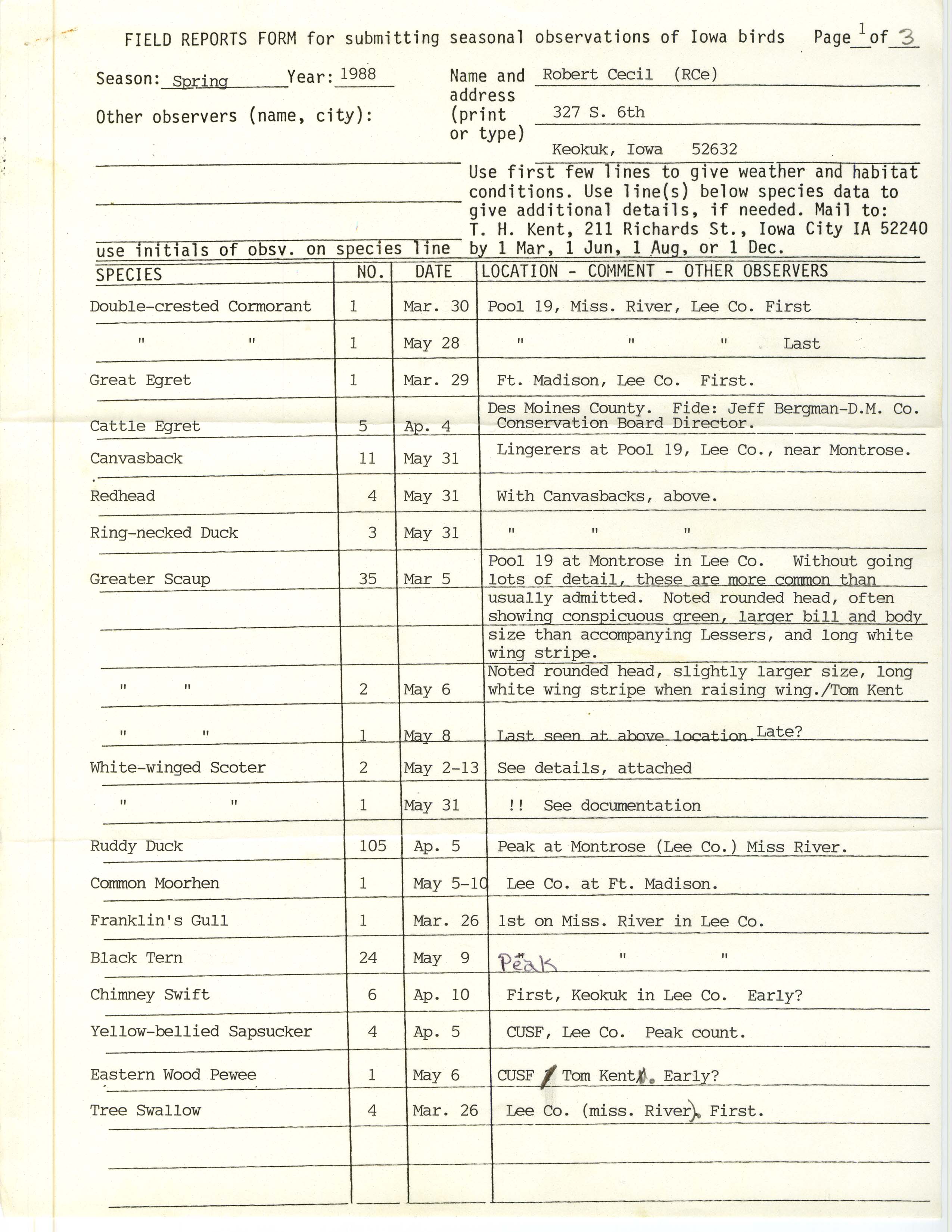 Field reports form for submitting seasonal observations of Iowa birds, Robert I. Cecil, spring 1988