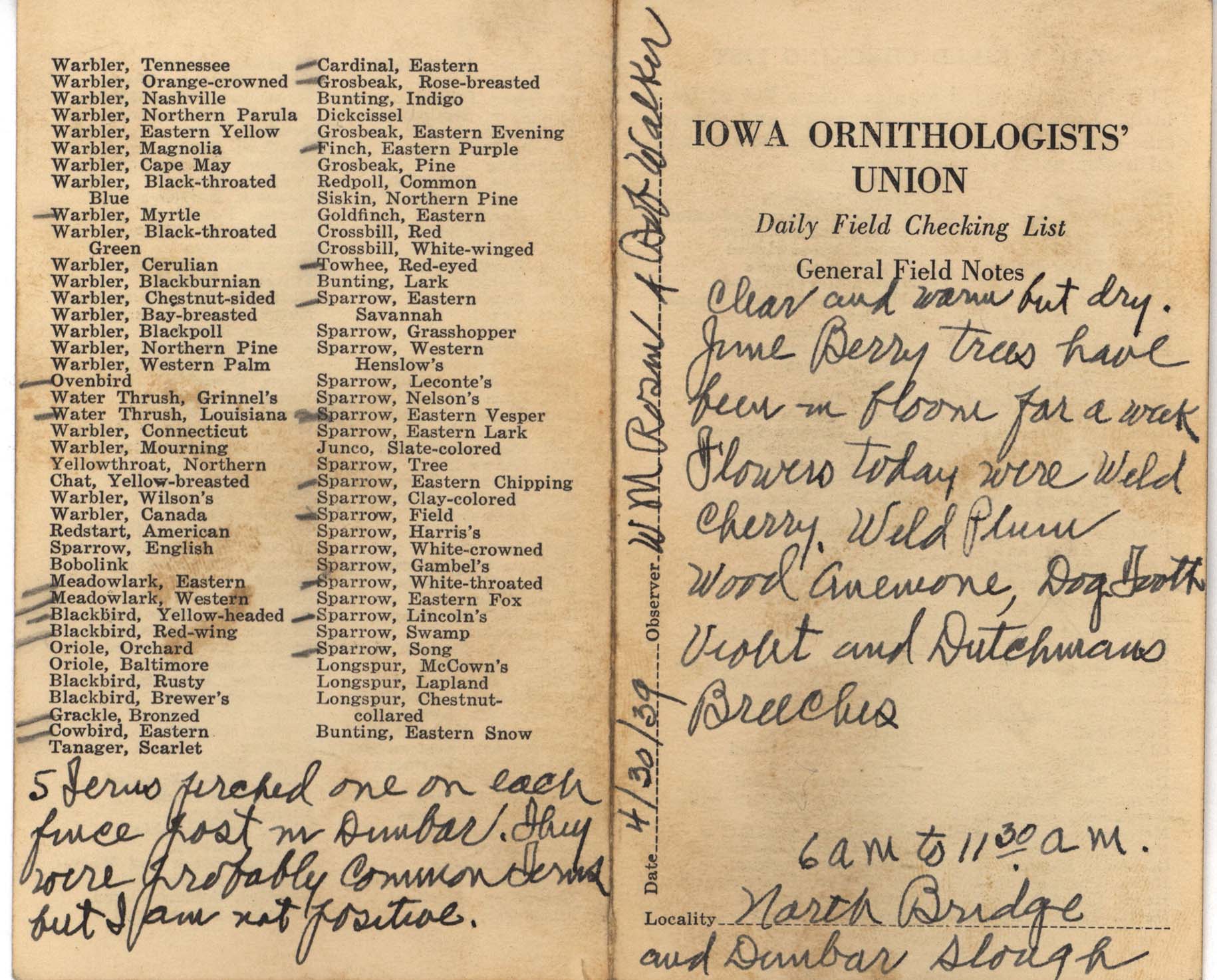 Daily field checking list by Walter Rosene, April 30, 1939