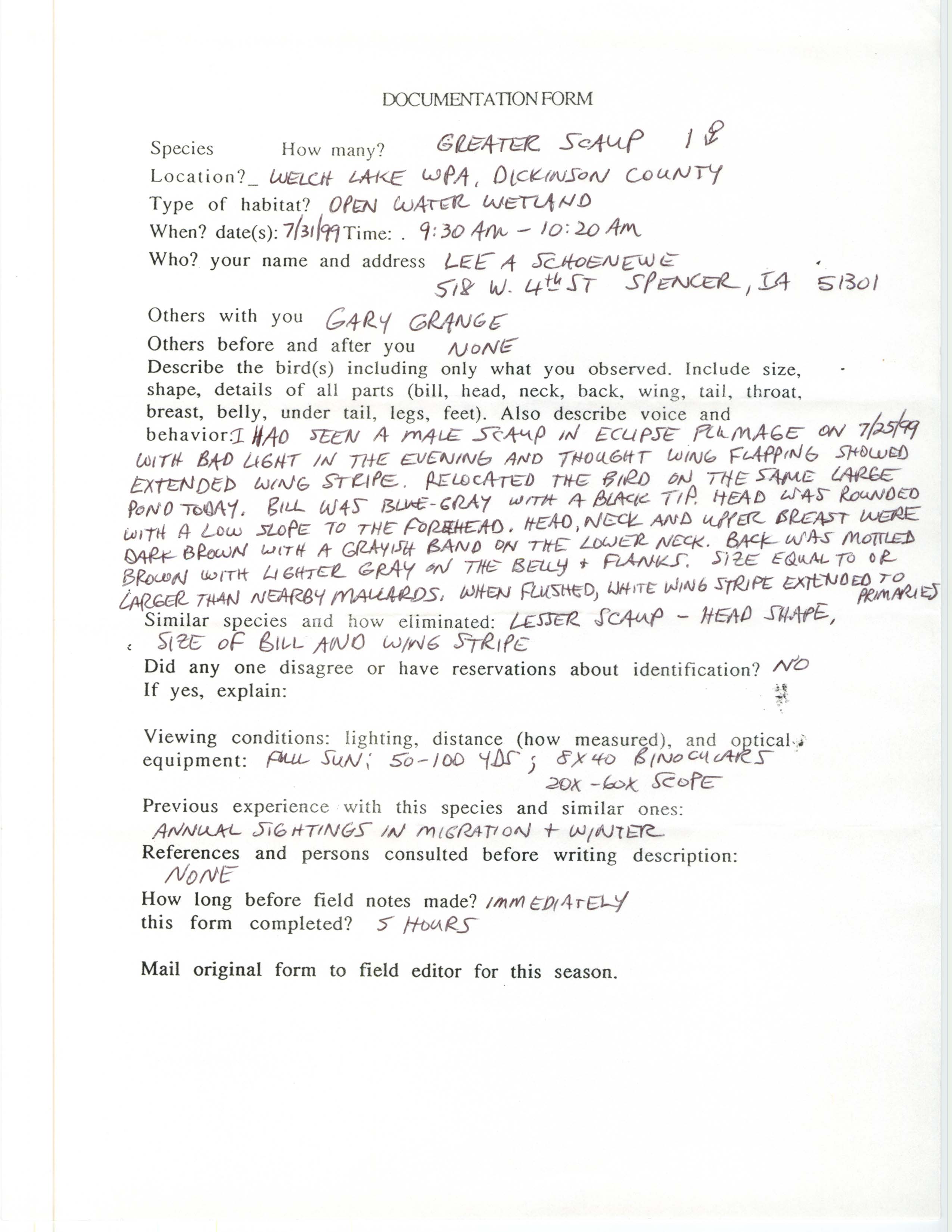 Rare bird documentation form for Greater Scaup at Welch Lake Wildlife Management Area, 1999