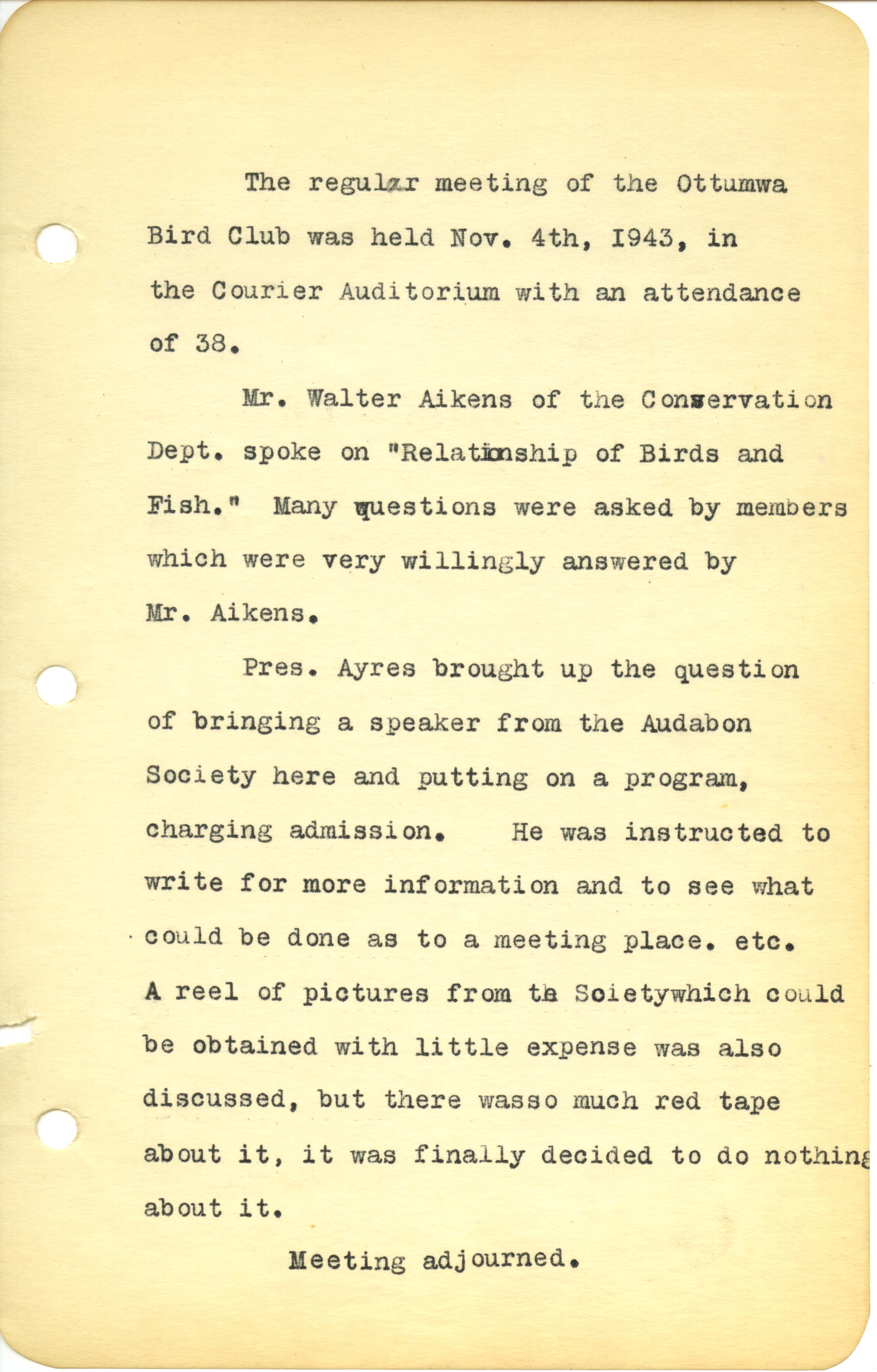 Ottumwa Bird Club meeting minutes, November 4, 1943