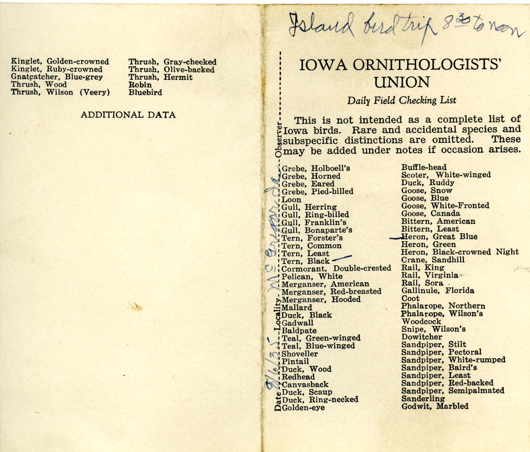 Daily field checking list, Walter Rosene, August 6, 1935