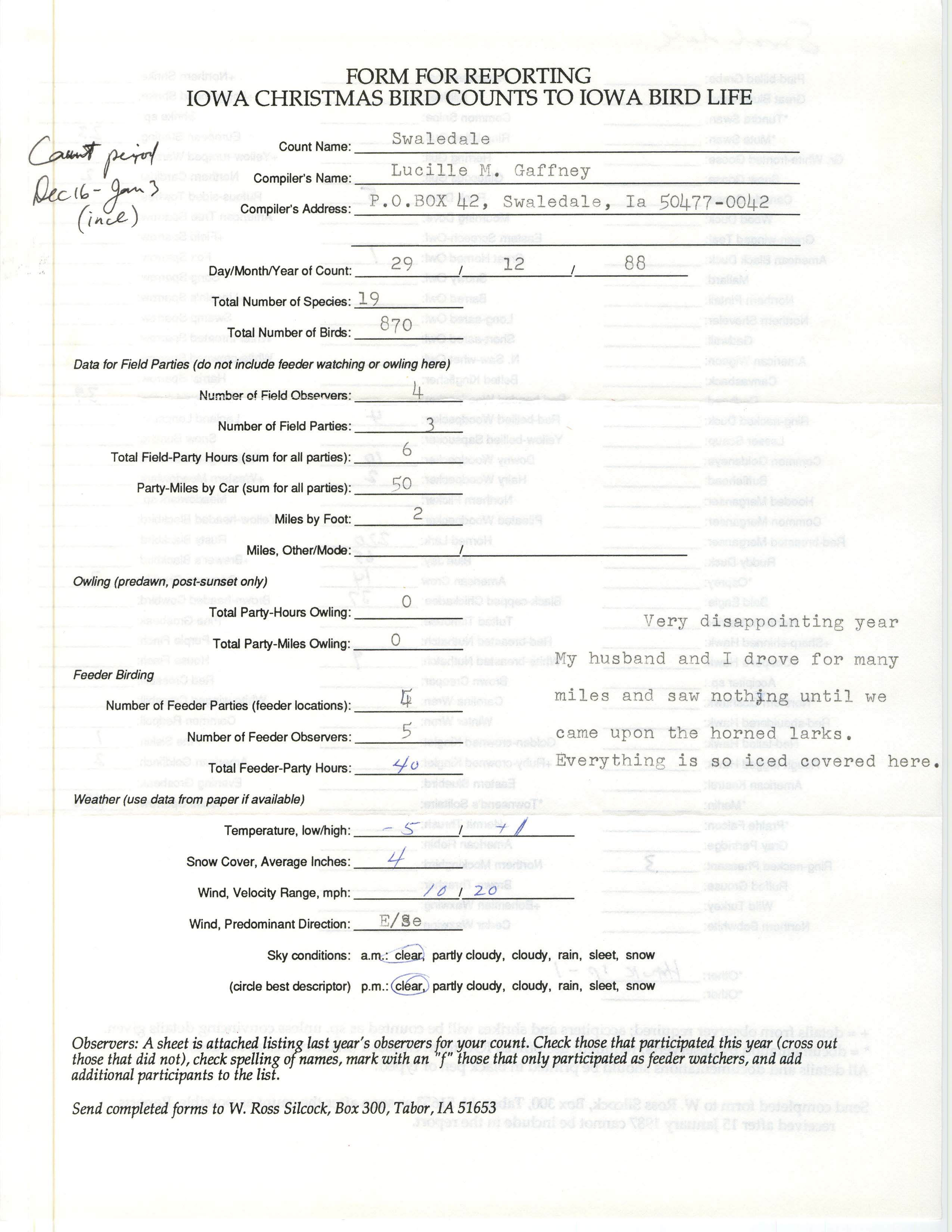 Form for reporting Iowa Christmas bird counts to Iowa Bird Life, Lucille M. Gaffney, December 29, 1988