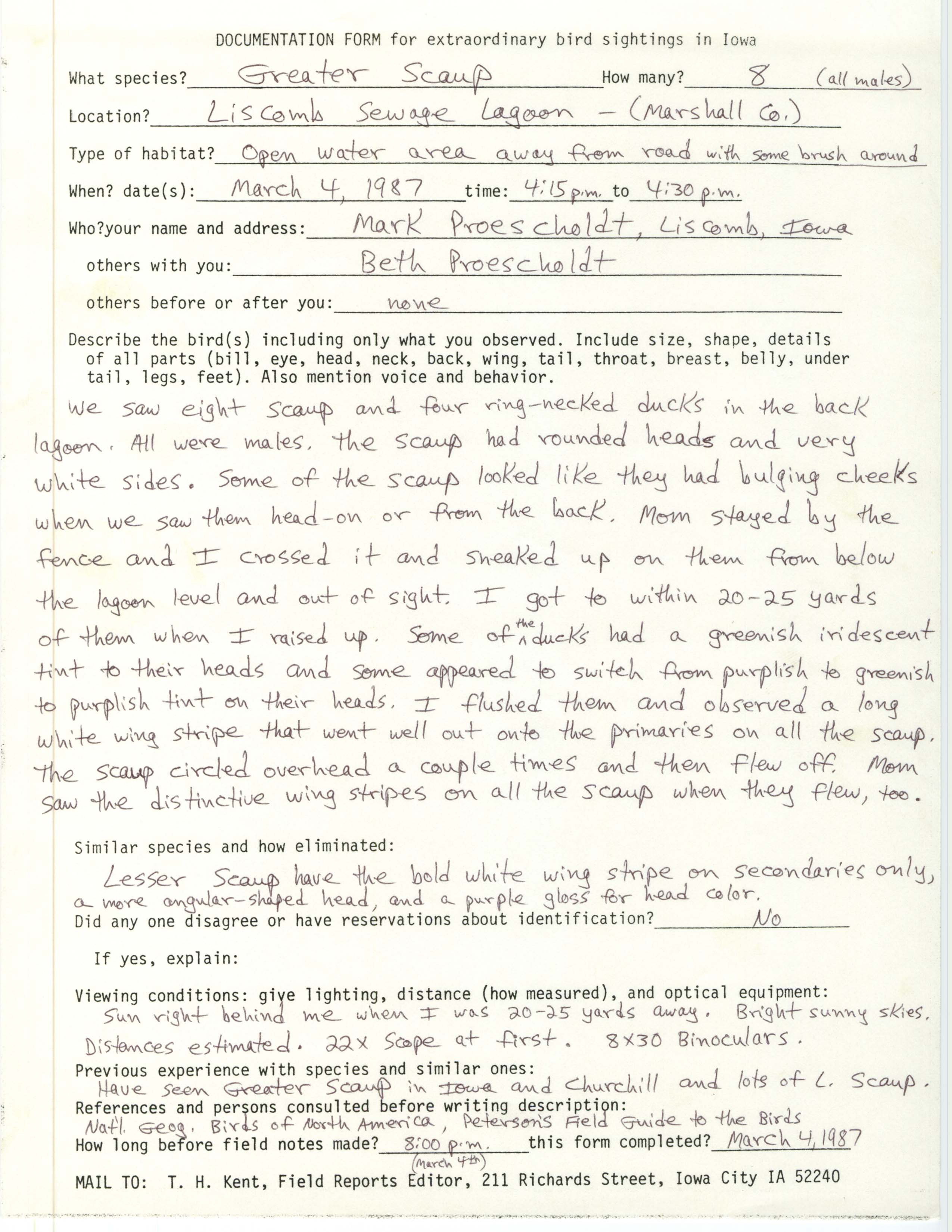 Rare bird documentation form for Greater Scaup at Liscomb Sewage Lagoon, 1987
