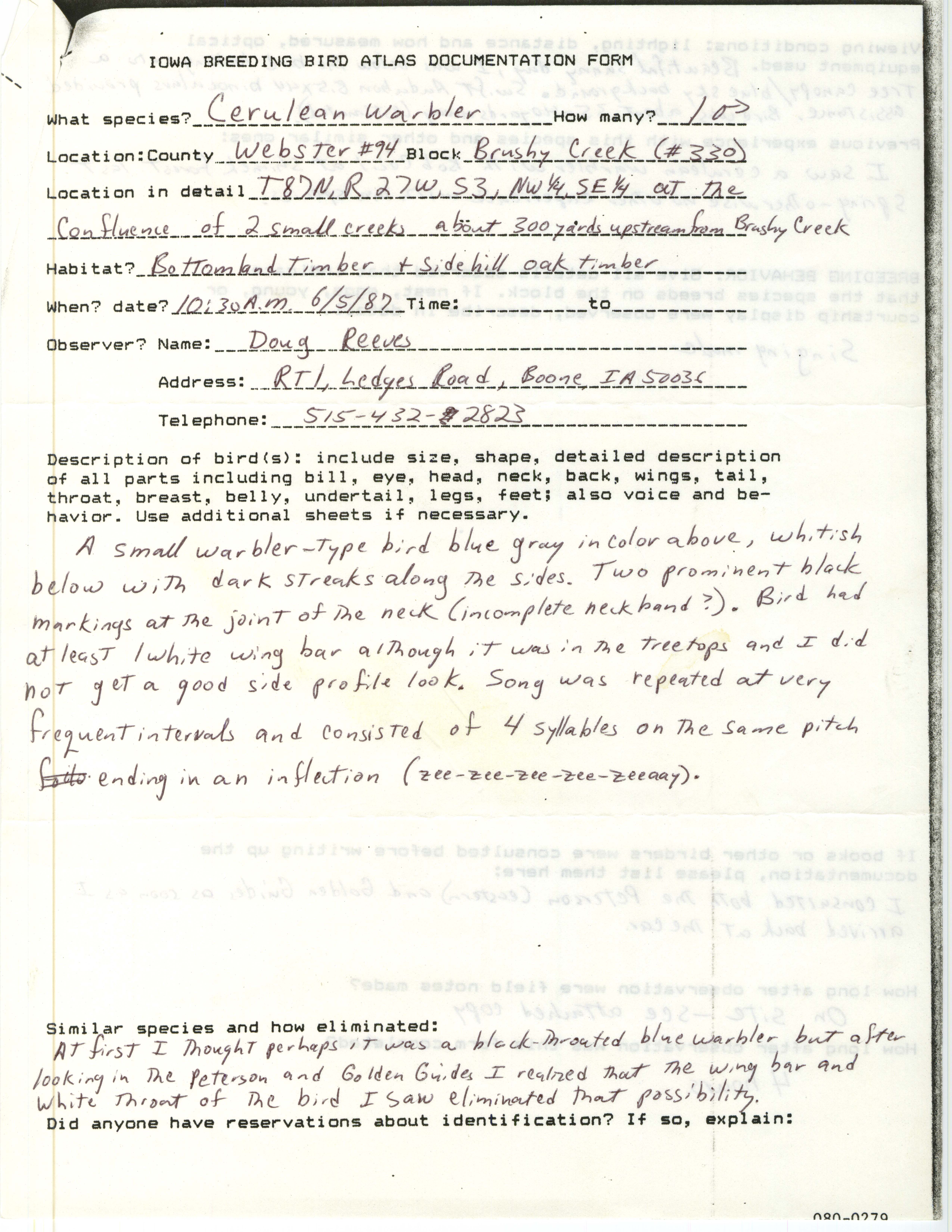 Iowa Breeding Bird Atlas documentation form, Doug Reeves, June 5, 1987