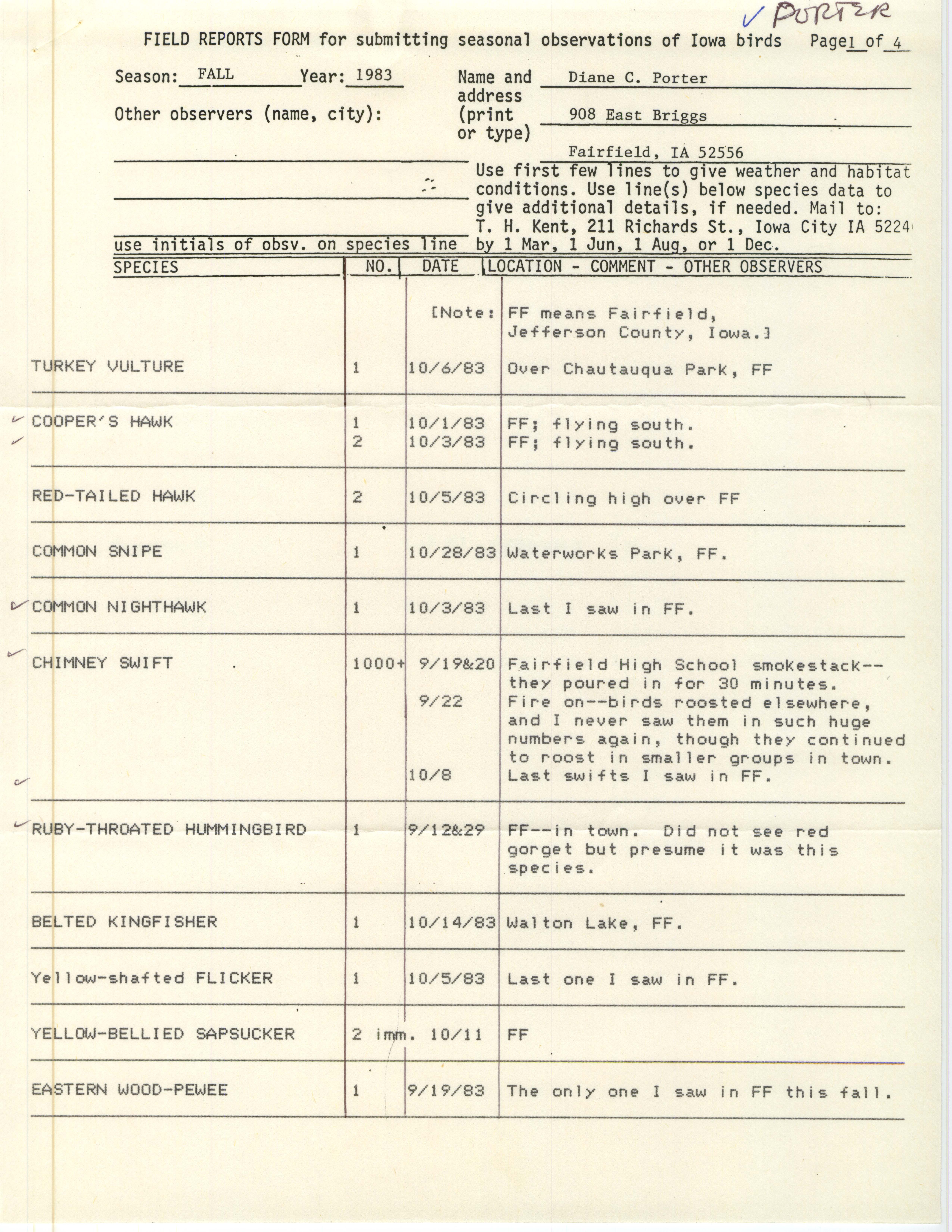 Field reports form for submitting seasonal observations of Iowa birds, Diane Porter, fall 1983