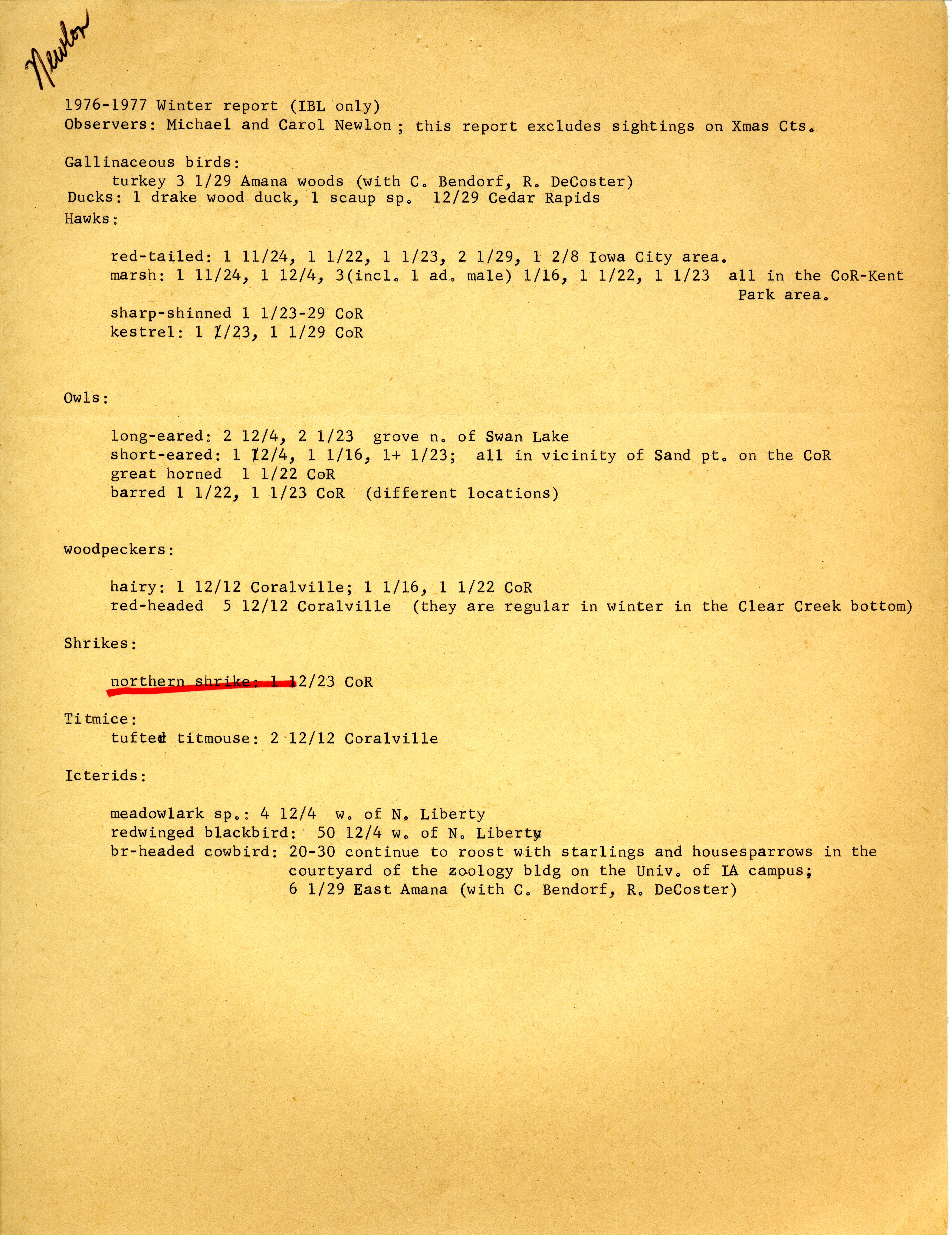 Field notes contributed by Michael C. Newlon and Carol Newlon, winter, 1976-1977