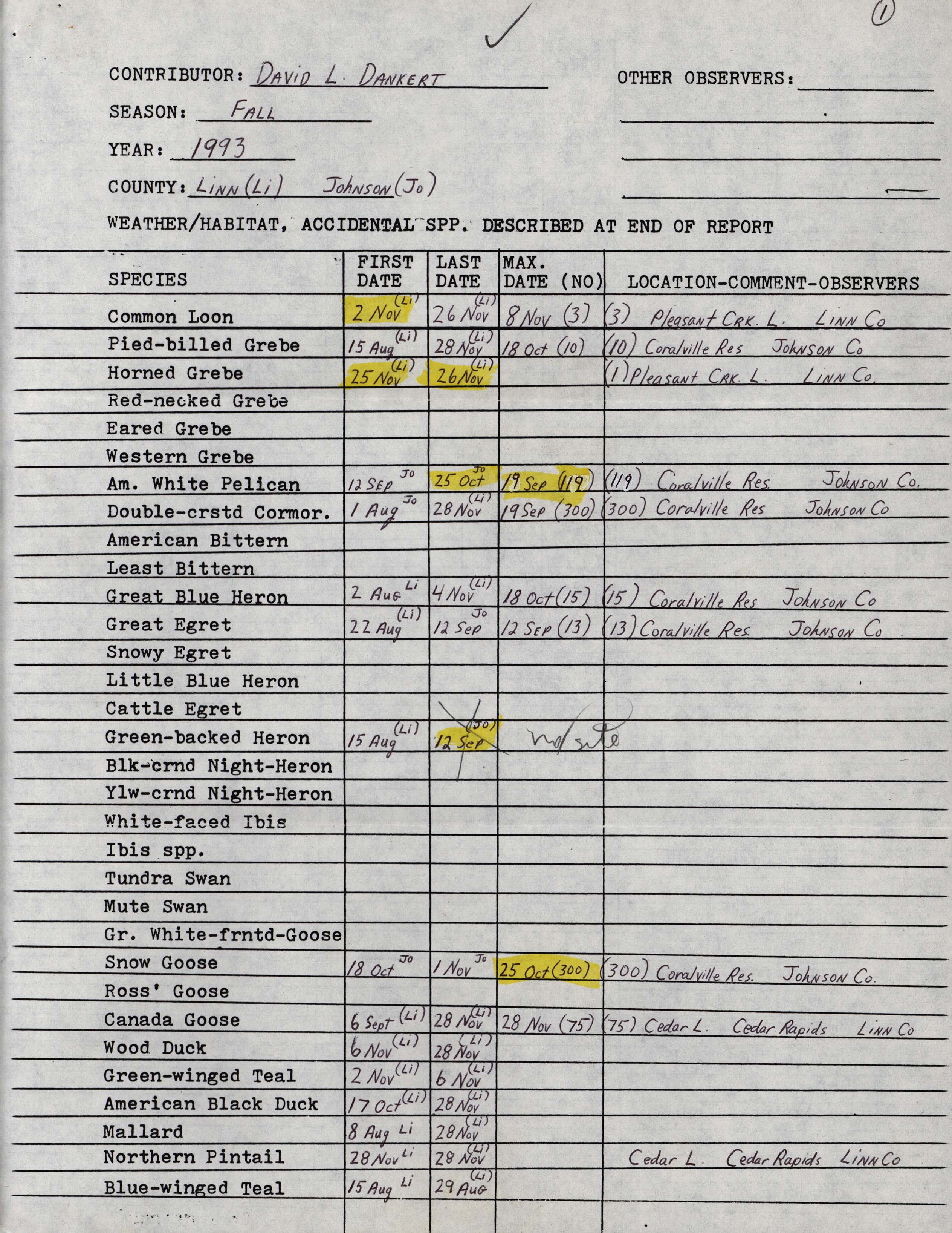 Field notes contributed by David L. Dankert, fall 1993