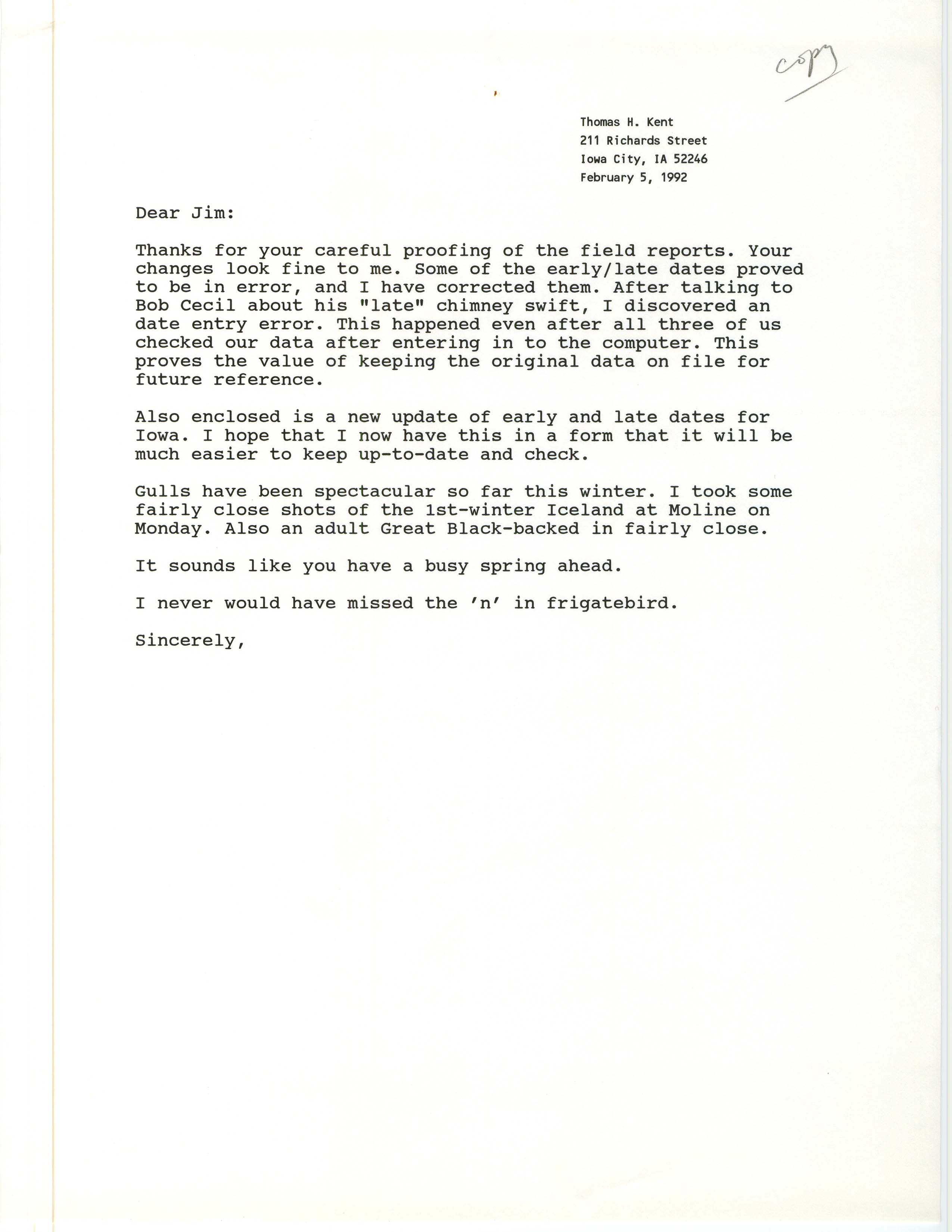 Thomas H. Kent letter to James L. Fuller regarding editing the field reports, February 5, 1992