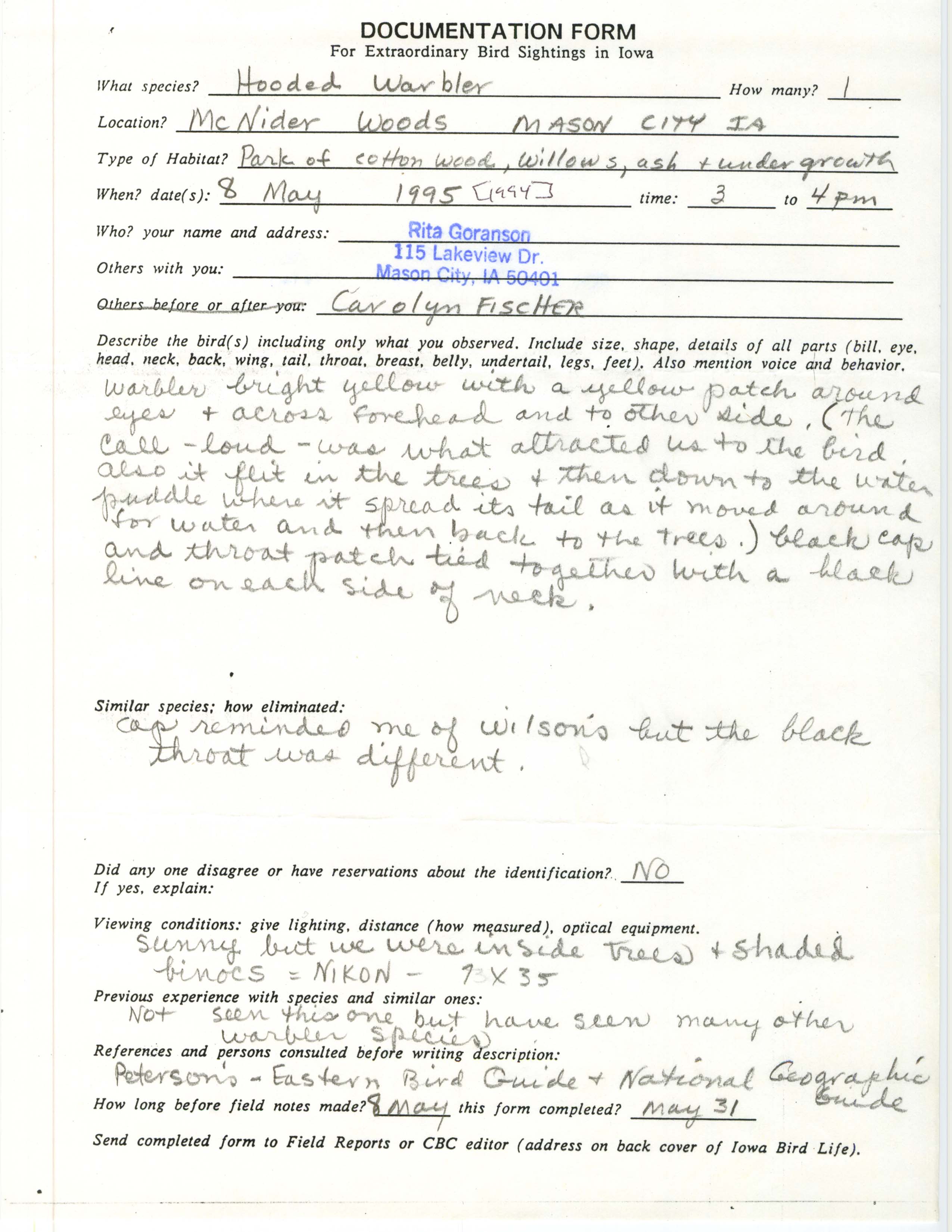 Rare bird documentation form for Hooded Warbler at MacNiders Woods in Mason City, 1994