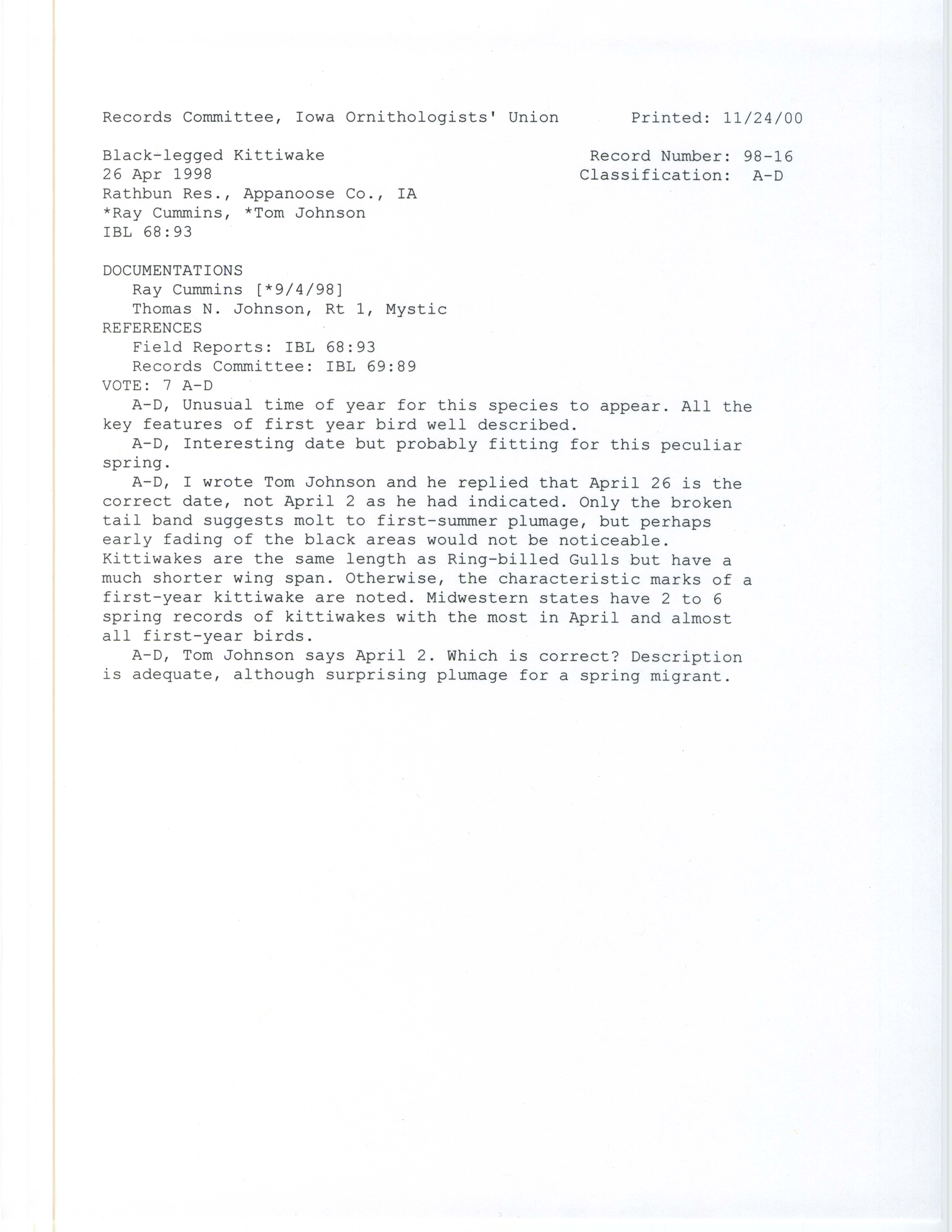 Records Committee review for rare bird sighting for Black-legged Kittiwake at Lake Rathbun, 1998
