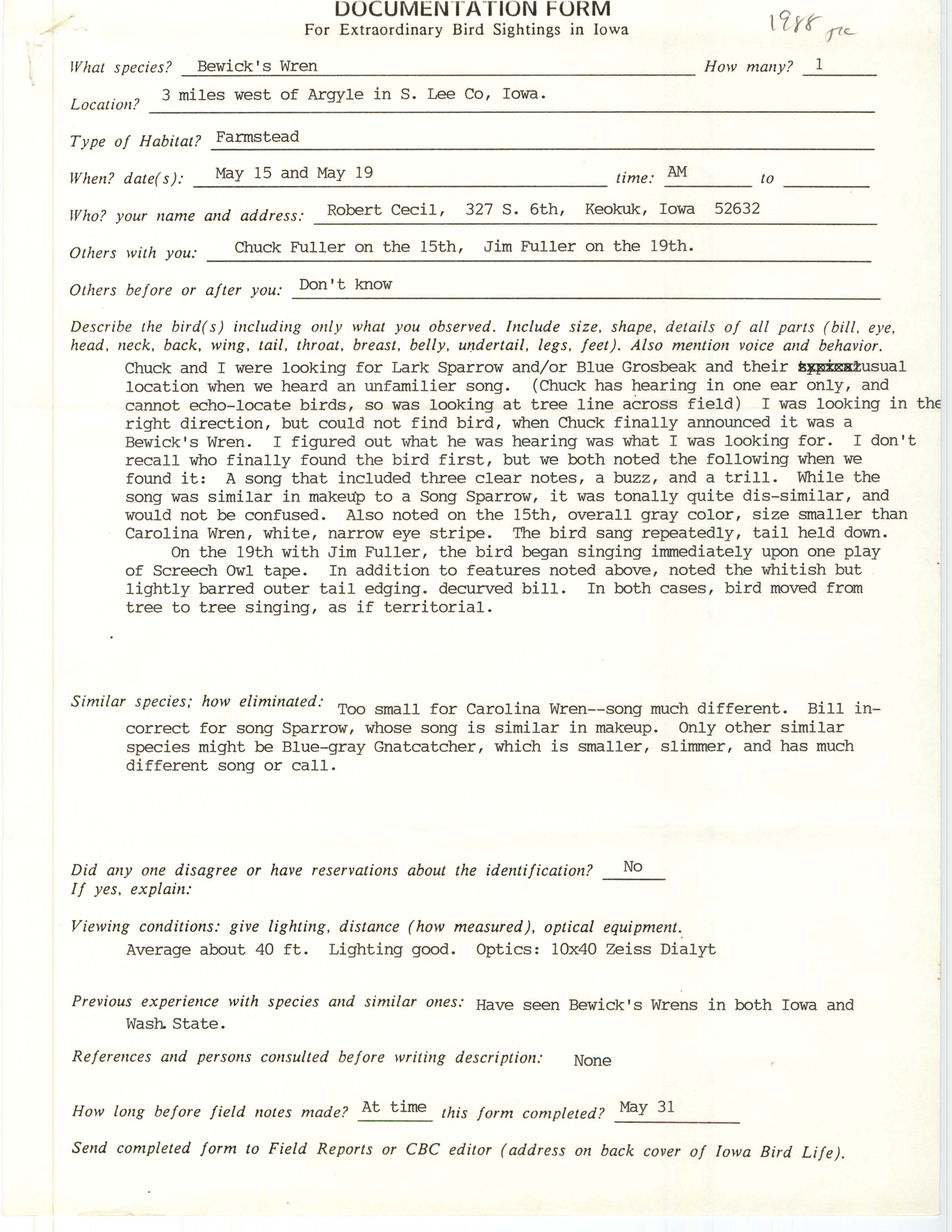 Rare bird documentation form for Bewick's Wren west of Argyle in 1988