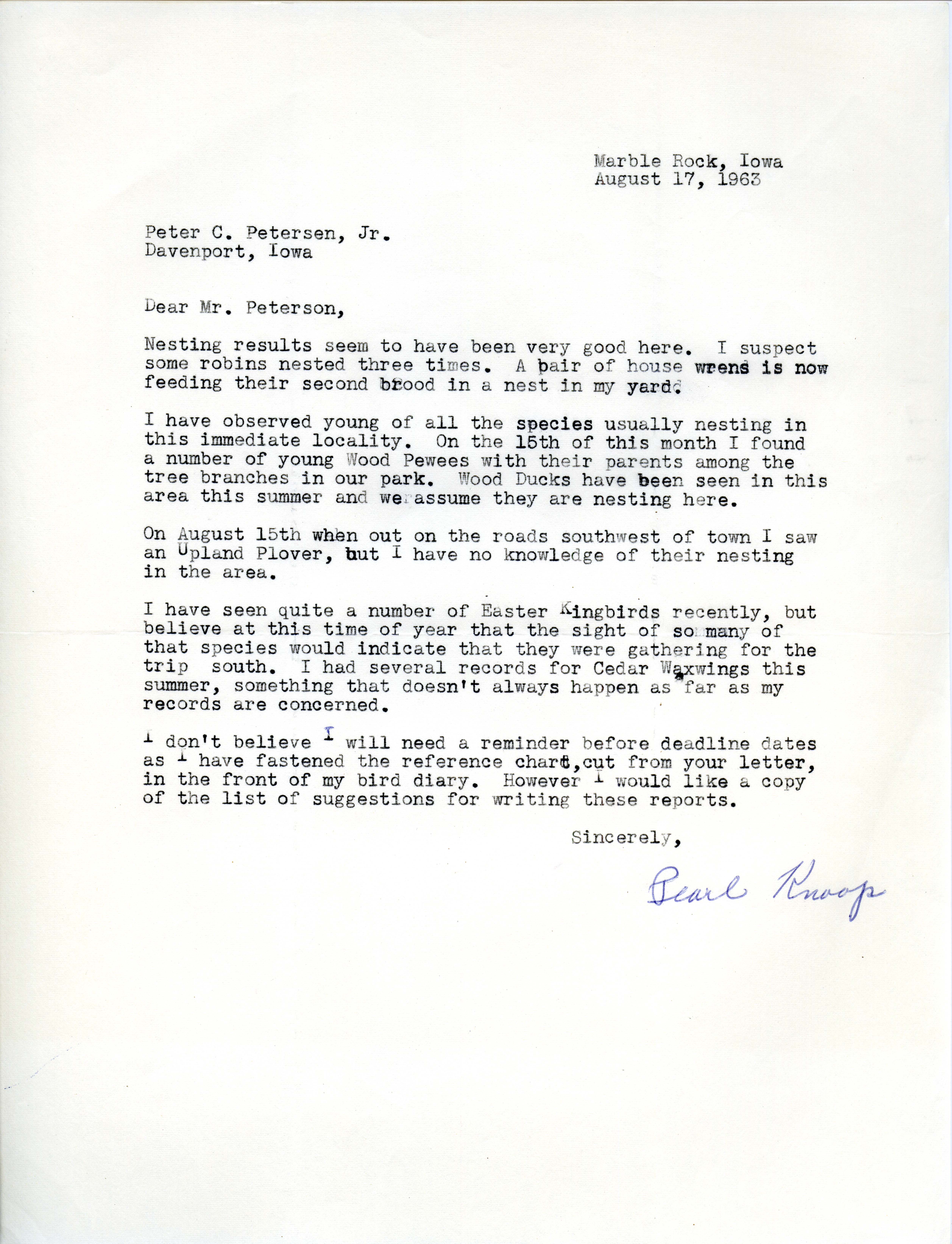 Pearl Knoop letter to Peter C. Petersen regarding fall migration, August 17, 1963 