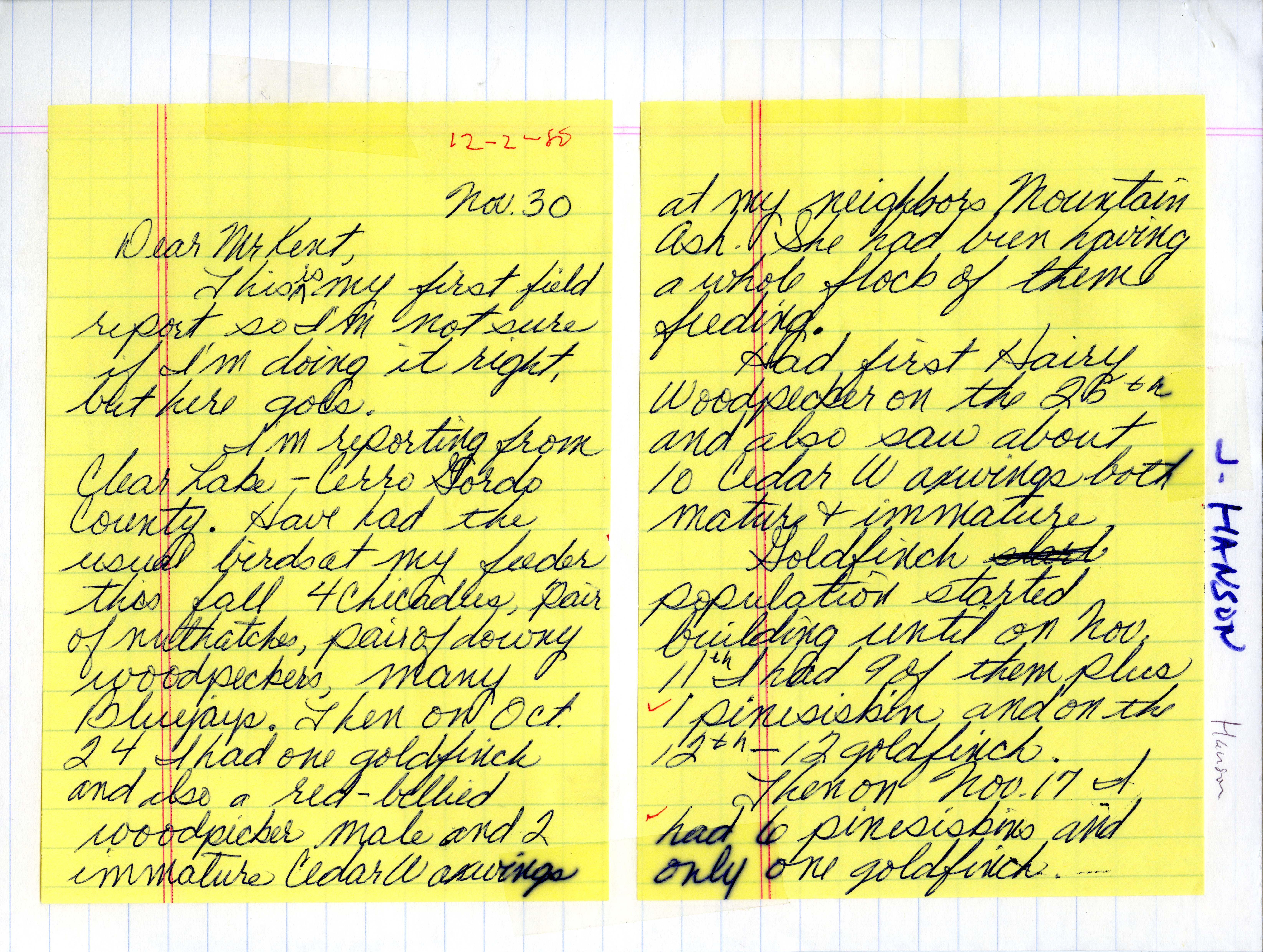 Carol Hanson letter to Thomas Kent regarding birds sighted, November 30, 1980