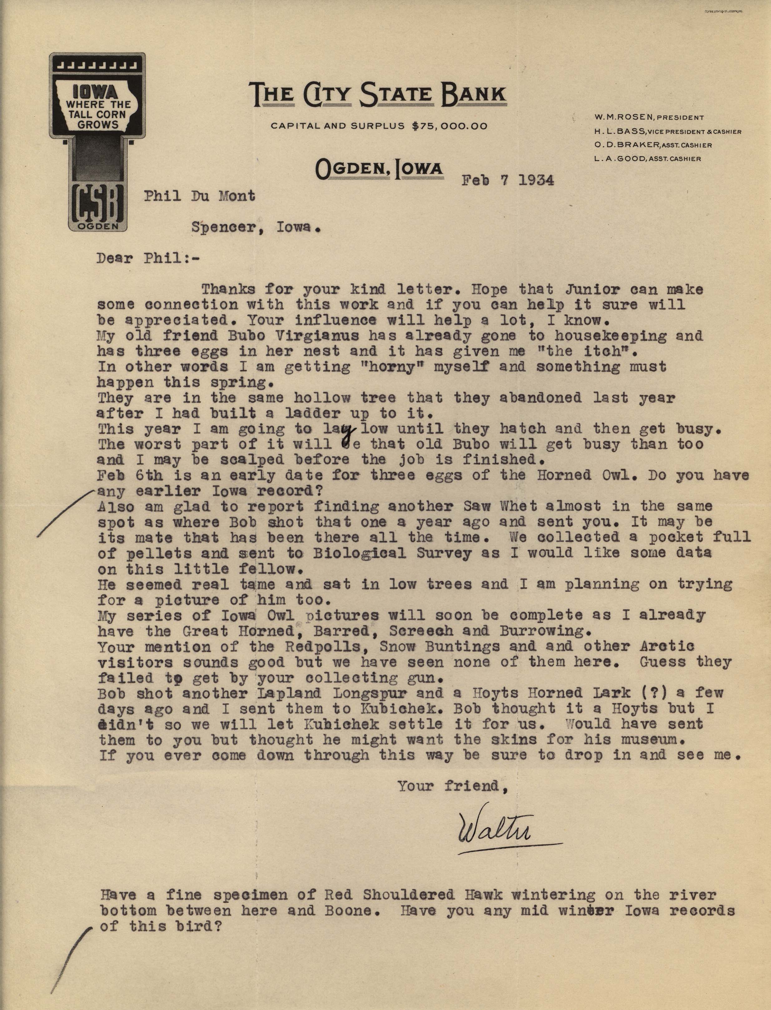 Walter Rosene letter to Philip DuMont regarding Owls, February 7, 1934