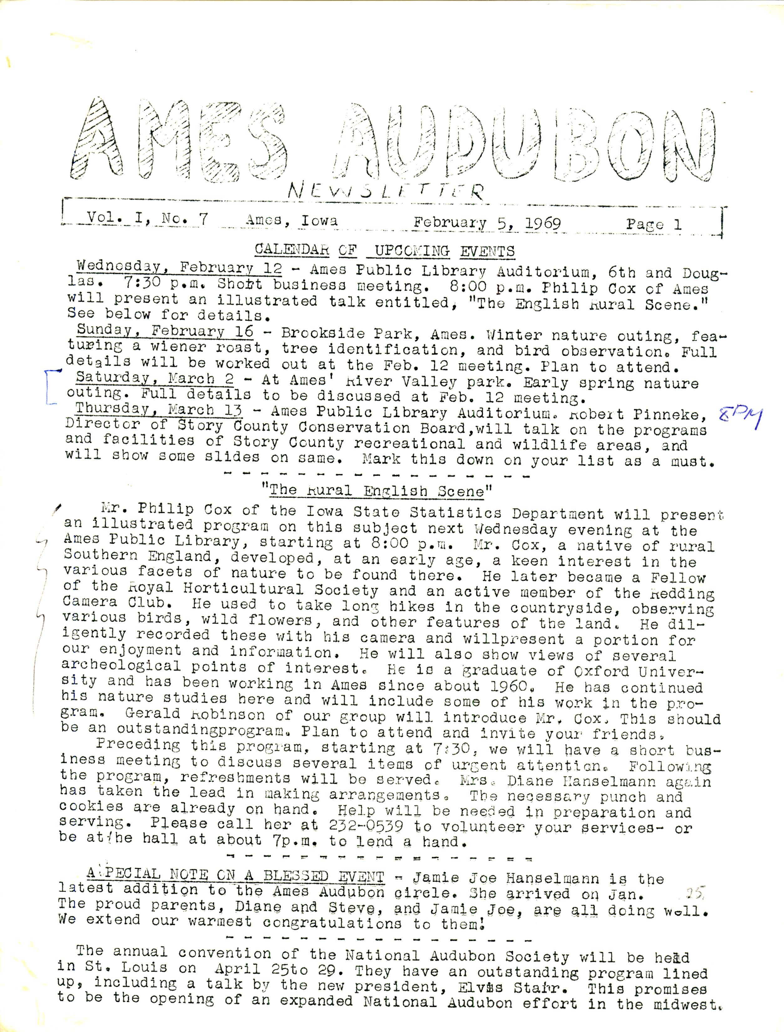 Ames Audubon Newsletter, Volume 1, Number 7, February 5, 1969