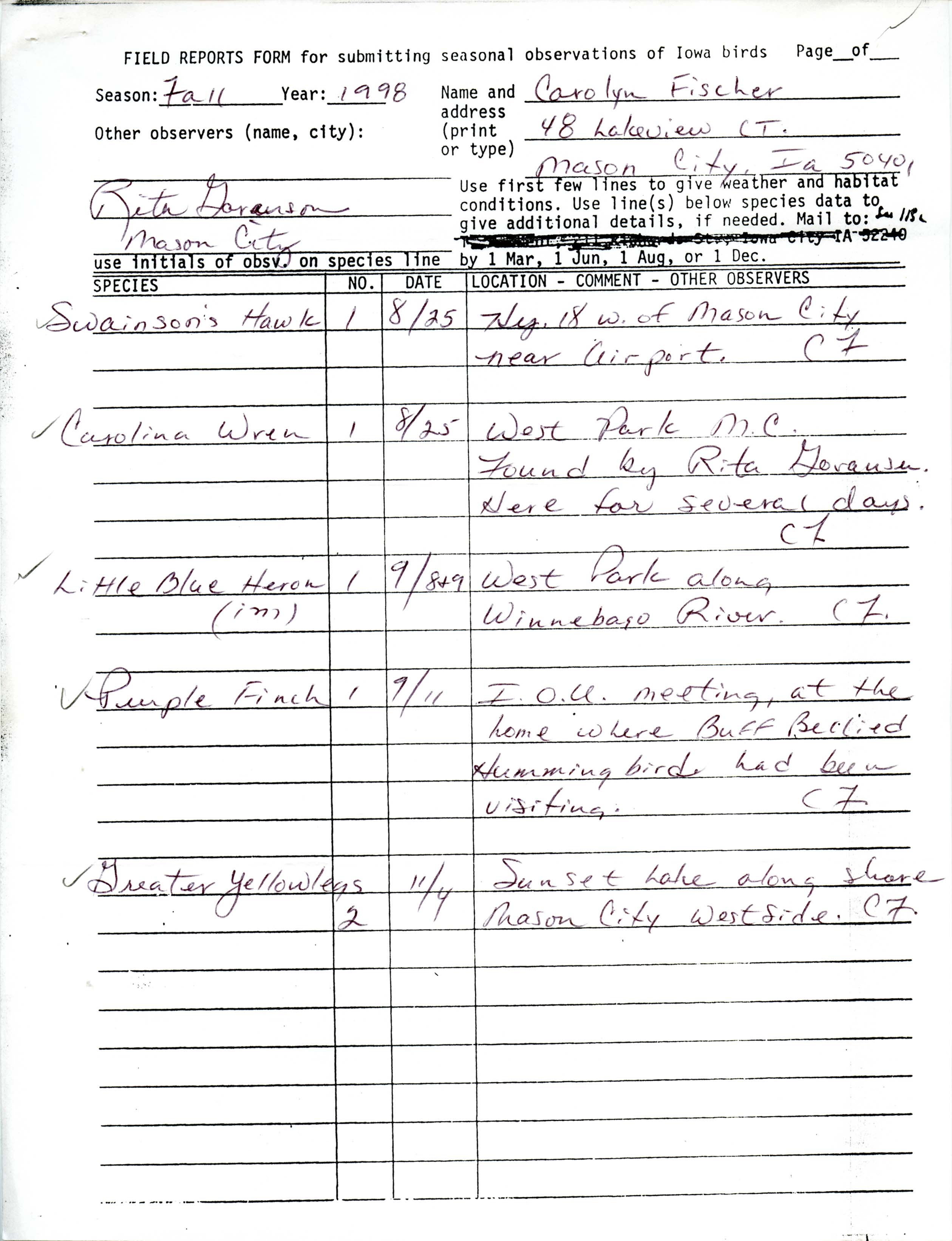 Field reports form for submitting seasonal observations of Iowa birds and letter to Thomas H. Kent contributed by Carolyn J. Fischer, December 1, 1998