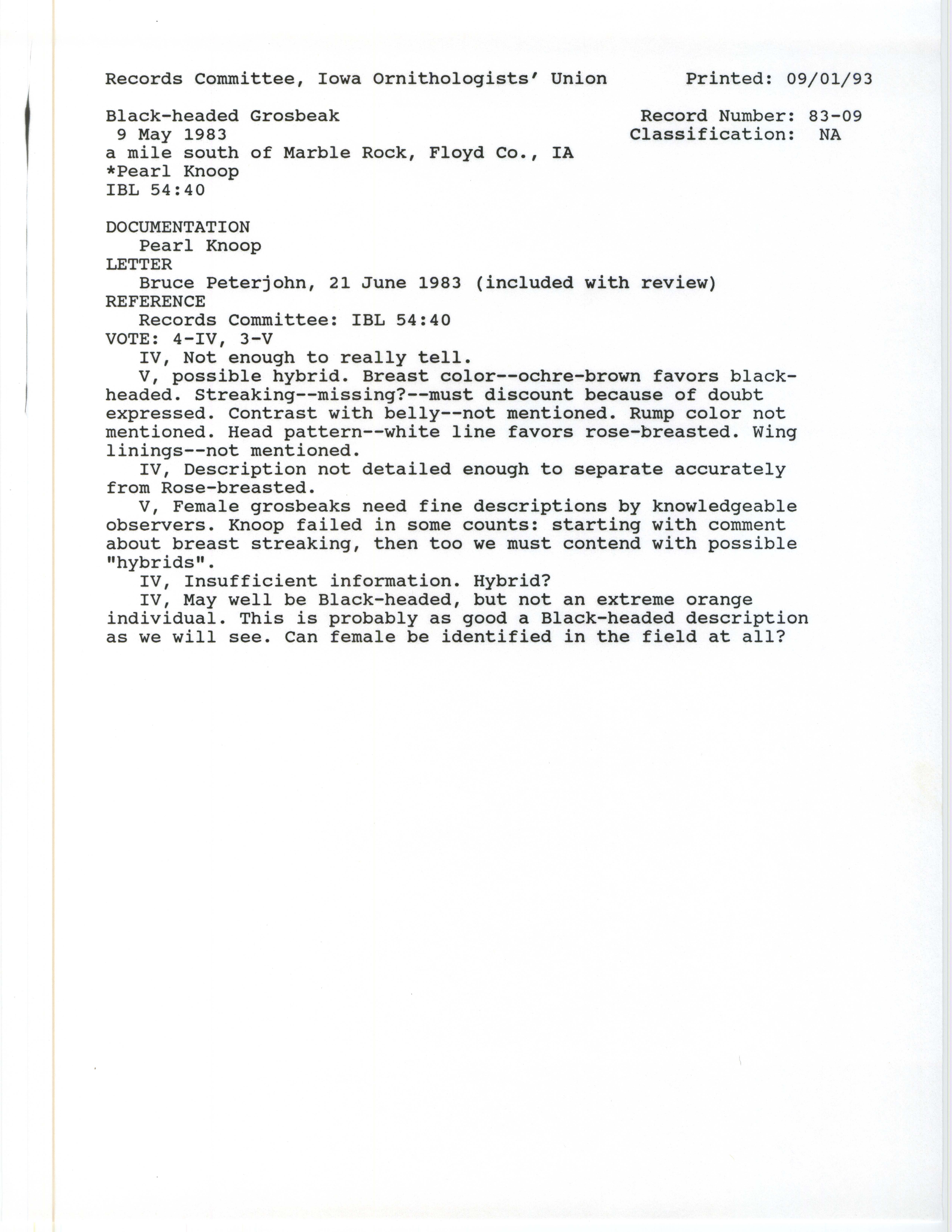 Records Committee review for rare bird sighting for Black-headed Grosbeak at Marble Rock, 1983