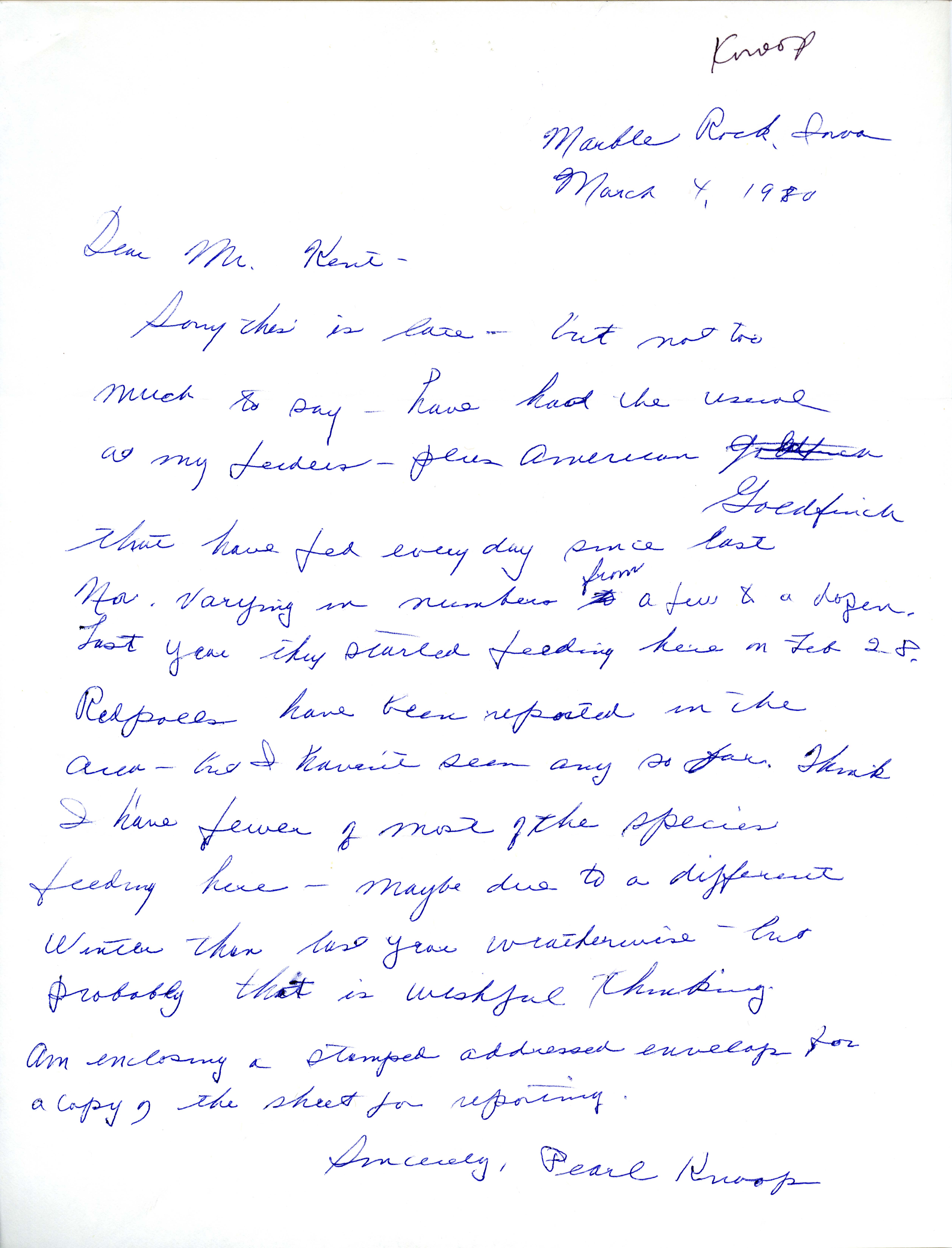 Pearl Knoop letter to Thomas H. Kent regarding bird sightings, March 4, 1980