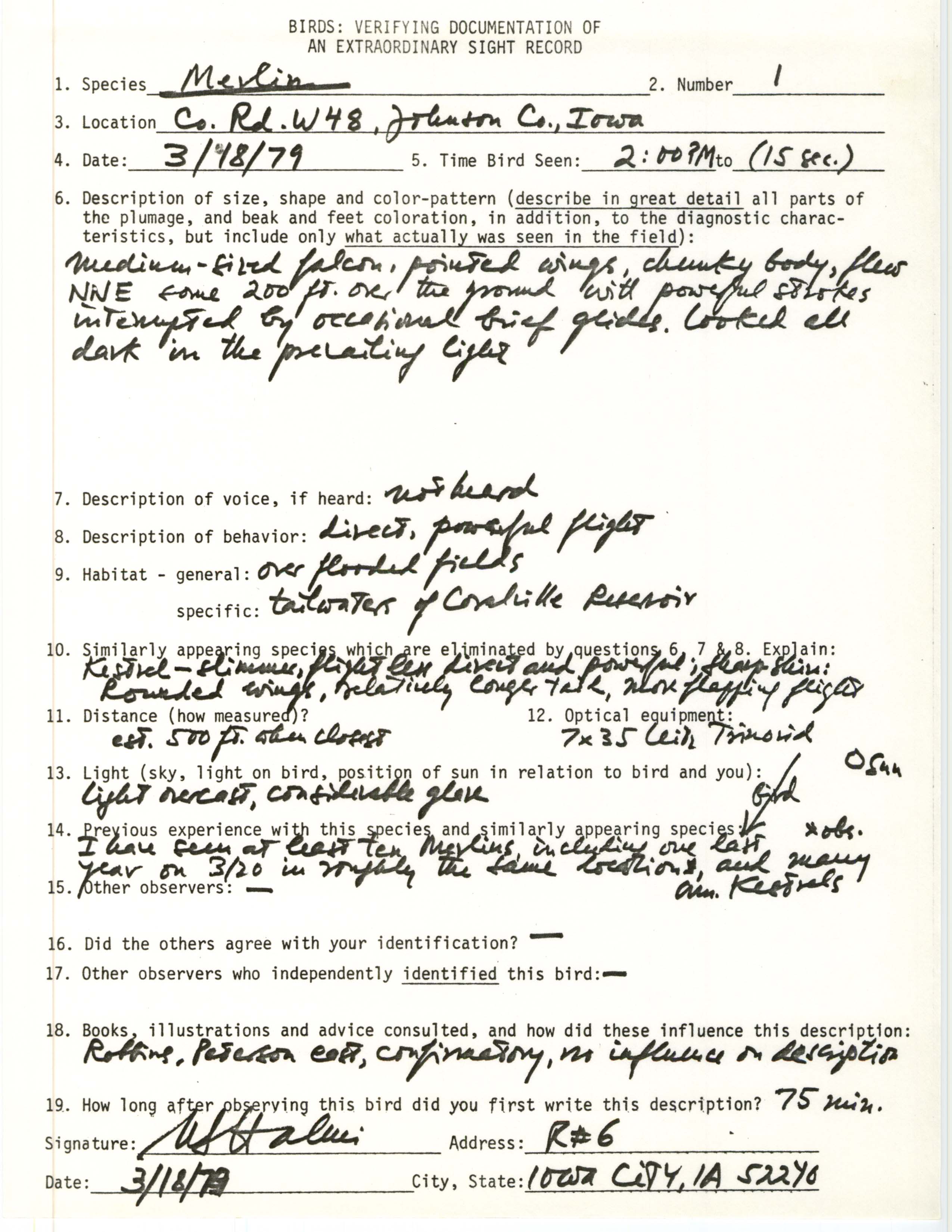 Rare bird documentation form for Merlin at Co. Rd. W48 in Johnson County, 1979