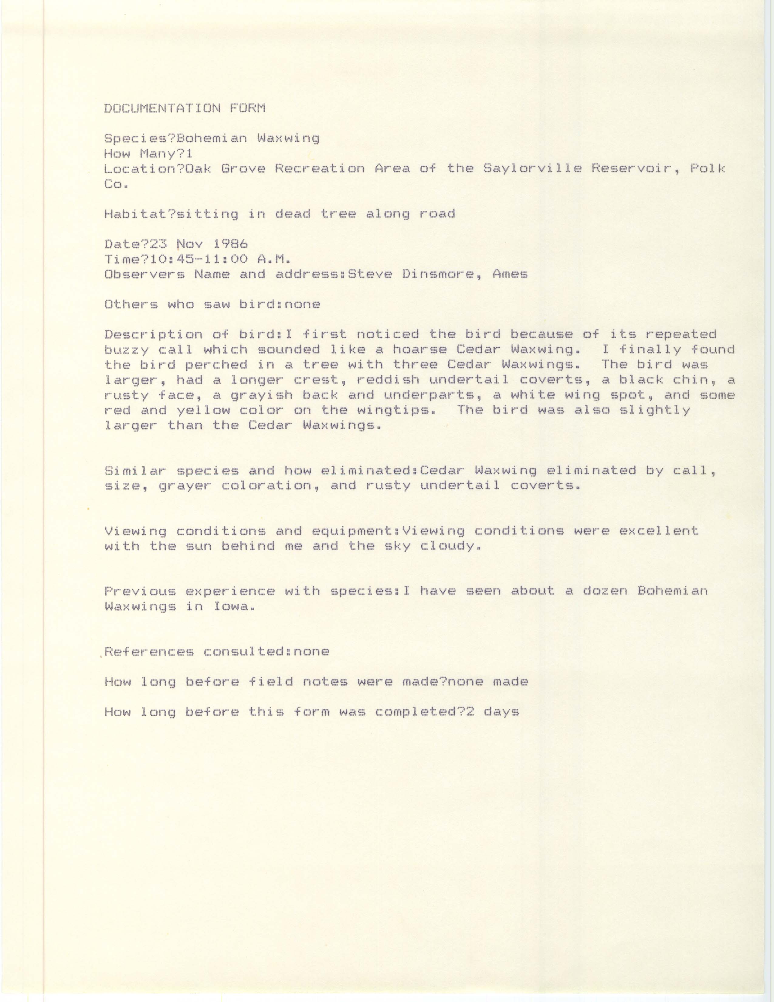 Rare bird documentation form for Bohemian Waxwing at Oak Grove Recreation Area at Saylorville Reservoir, 1986
