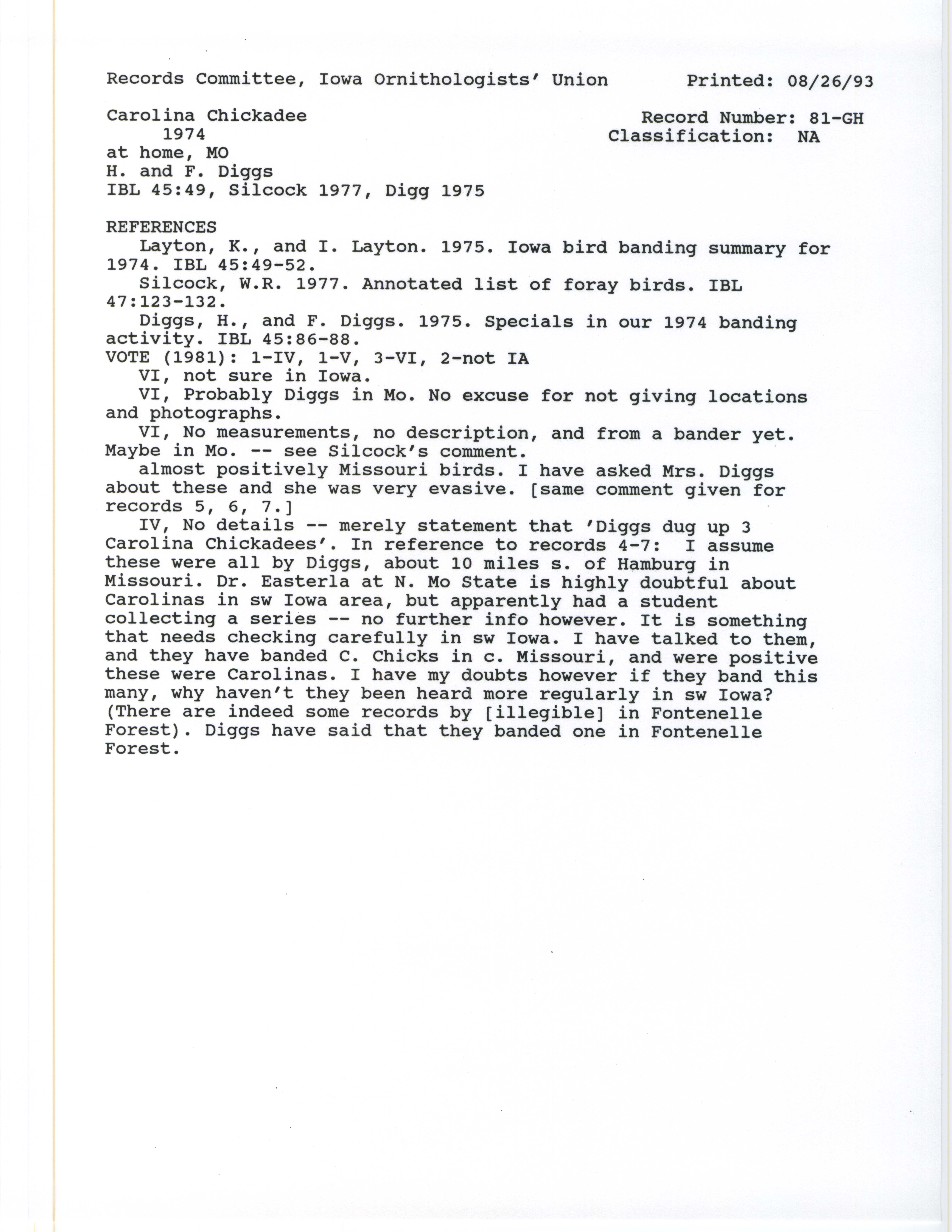 Records Committee review for rare bird sighting for Carolina Chickadee south of Hamburg in 1974