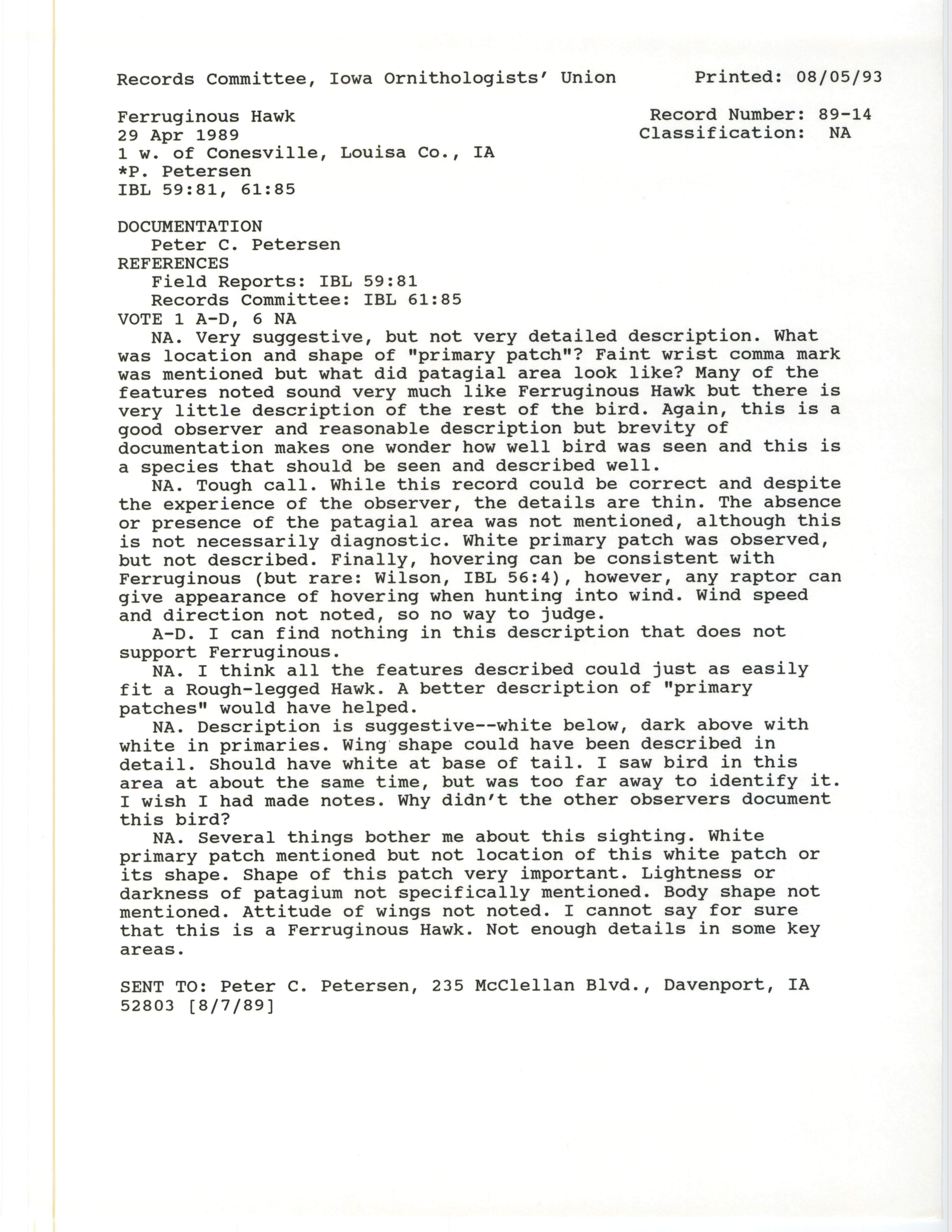 Record Committee review for rare bird sighting of Ferruginous Hawk west of Conesville, 1989