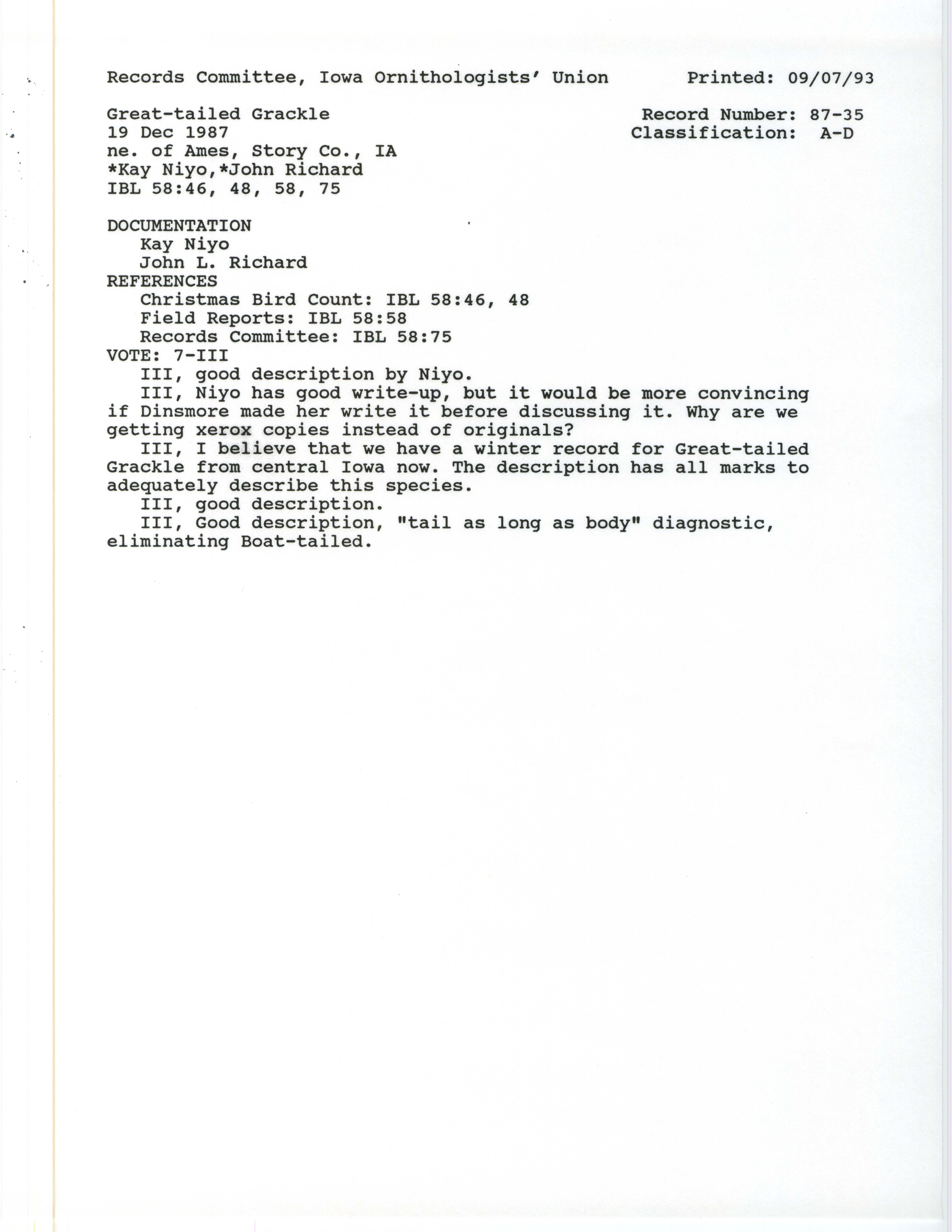 Records Committee review for rare bird sighting for Great-tailed Grackle at Ames, 1987