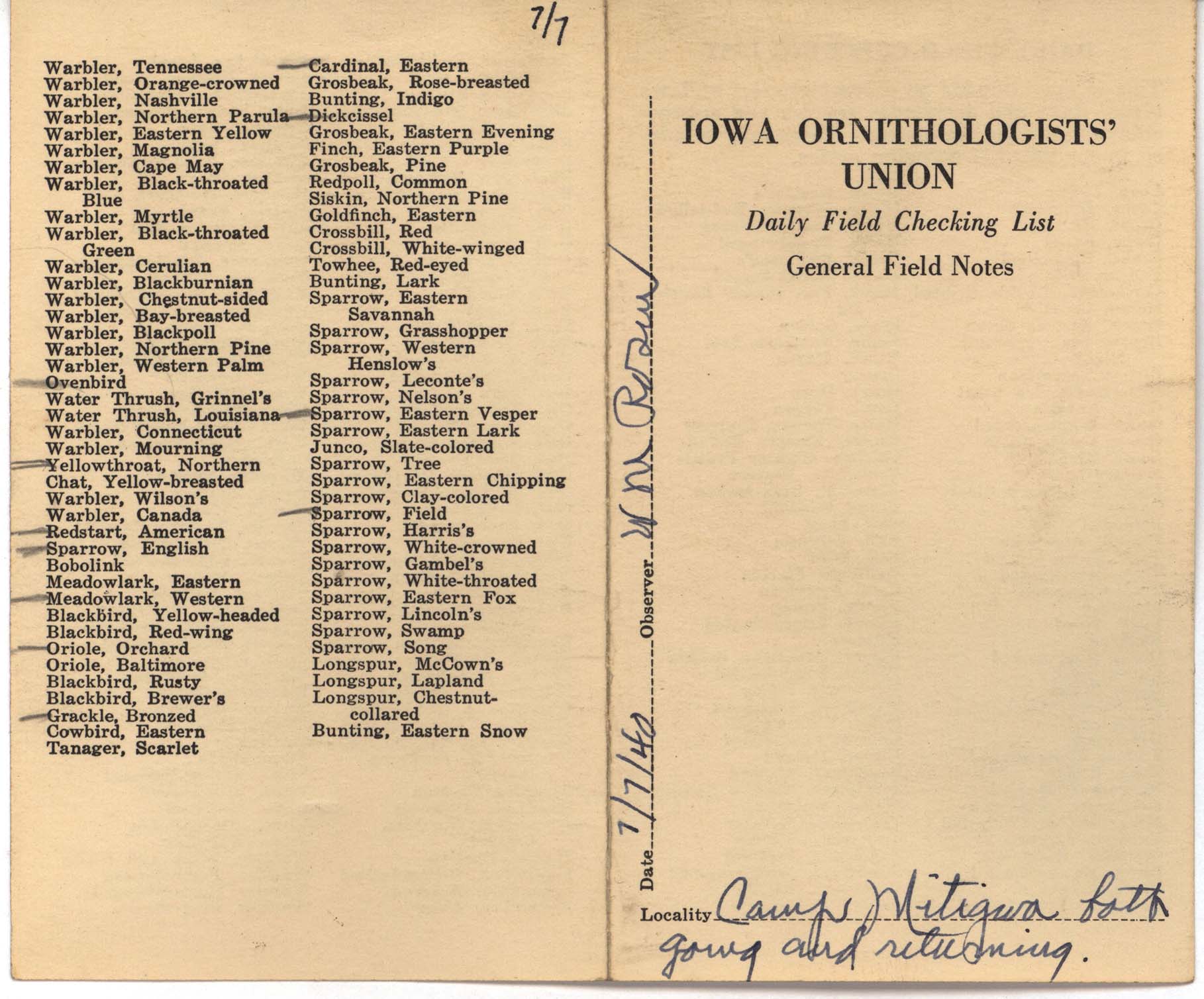 Daily field checking list by Walter Rosene, July 7, 1940